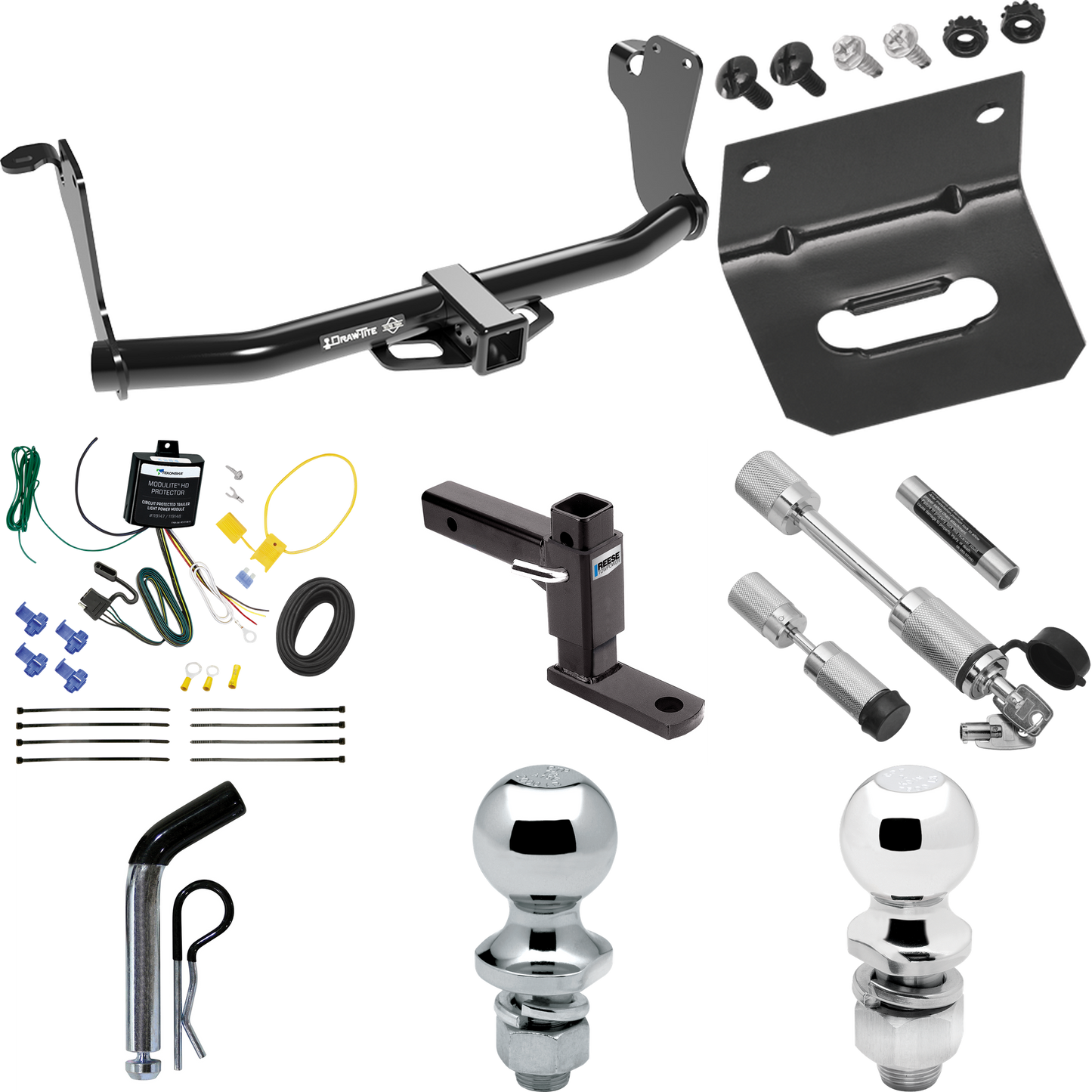 Fits 2018-2021 Mitsubishi Eclipse Cross Trailer Hitch Tow PKG w/ 4-Flat Wiring Harness + Adjustable Drop Rise Ball Mount + Pin/Clip + 2" Ball + 1-7/8" Ball + Dual Hitch & Coupler Locks By Draw-Tite