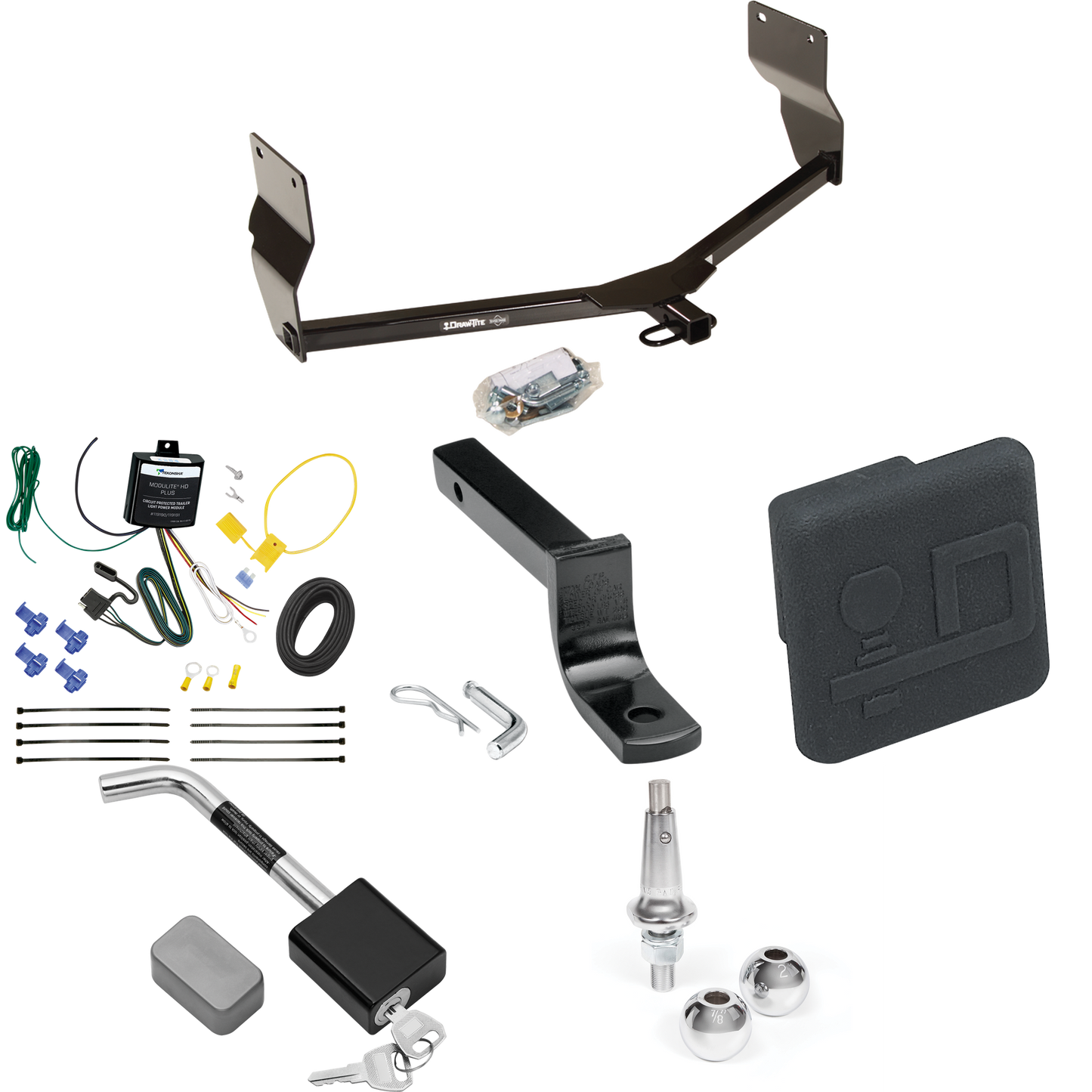 Fits 2013-2016 Dodge Dart Trailer Hitch Tow PKG w/ 4-Flat Wiring Harness + Draw-Bar + Interchangeable 1-7/8" & 2" Balls + Hitch Cover + Hitch Lock By Draw-Tite