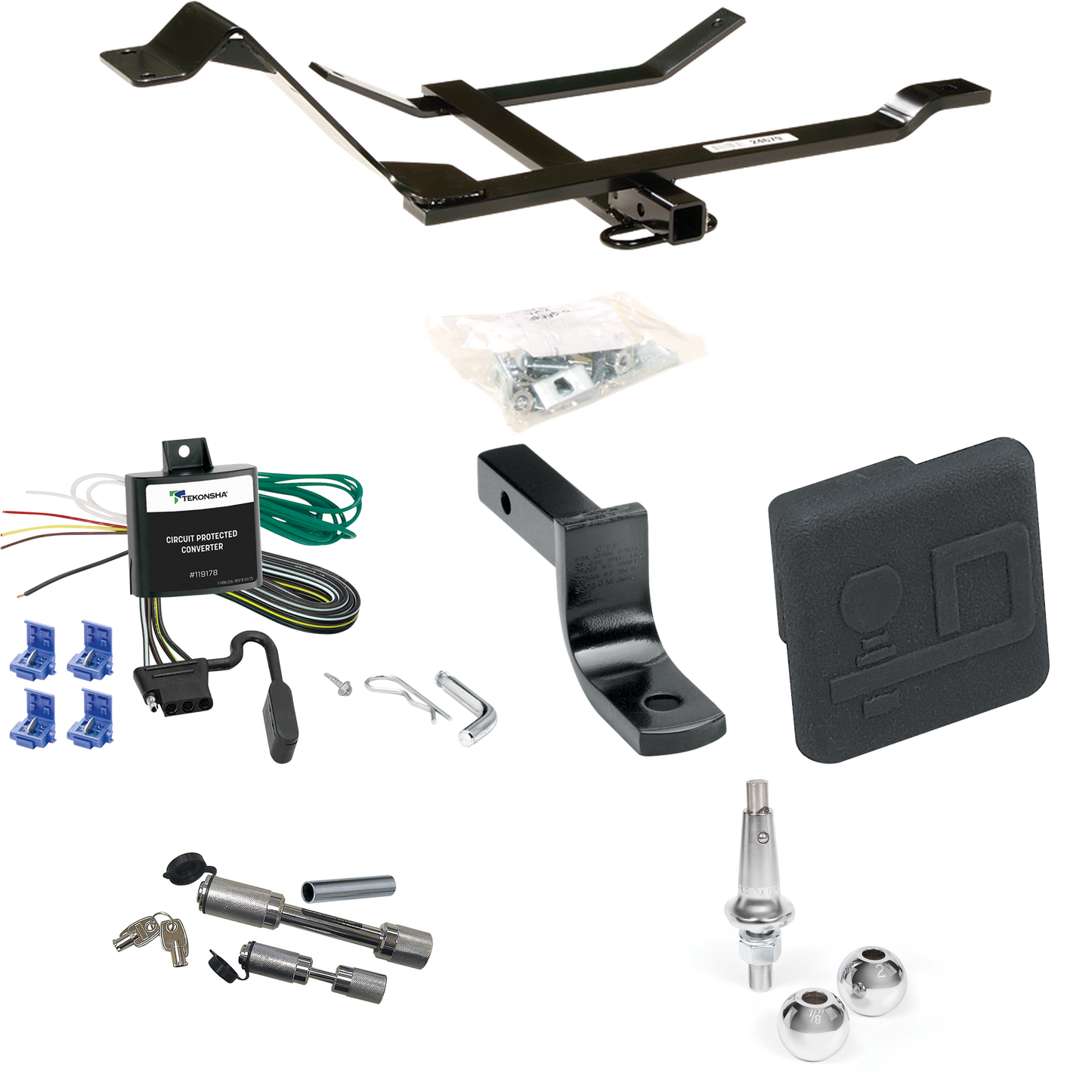Fits 1998-2001 Volkswagen Beetle Trailer Hitch Tow PKG w/ 4-Flat Wiring Harness + Draw-Bar + Interchangeable 1-7/8" & 2" Balls + Hitch Cover + Dual Hitch & Coupler Locks By Draw-Tite