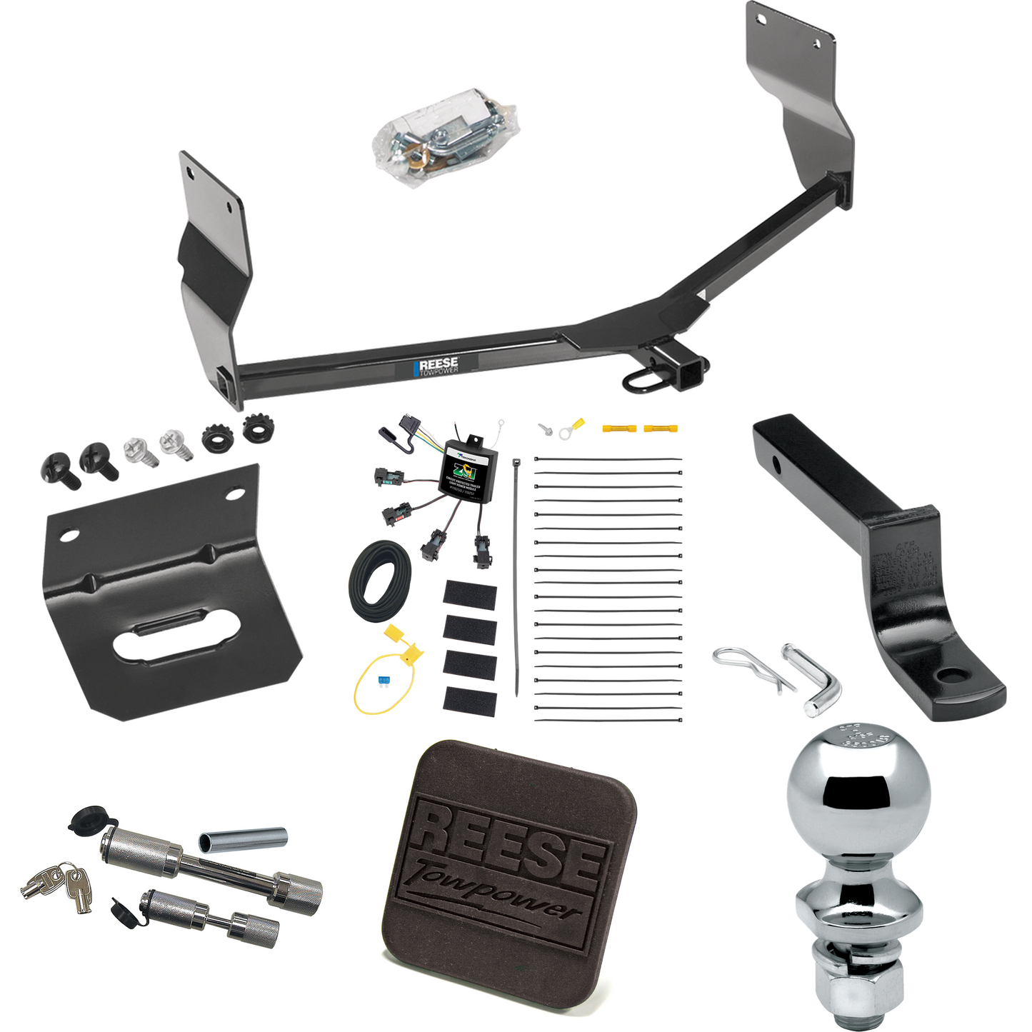 Fits 2013-2016 Dodge Dart Trailer Hitch Tow PKG w/ 4-Flat Zero Contact "No Splice" Wiring Harness + Draw-Bar + 2" Ball + Wiring Bracket + Hitch Cover + Dual Hitch & Coupler Locks By Reese Towpower