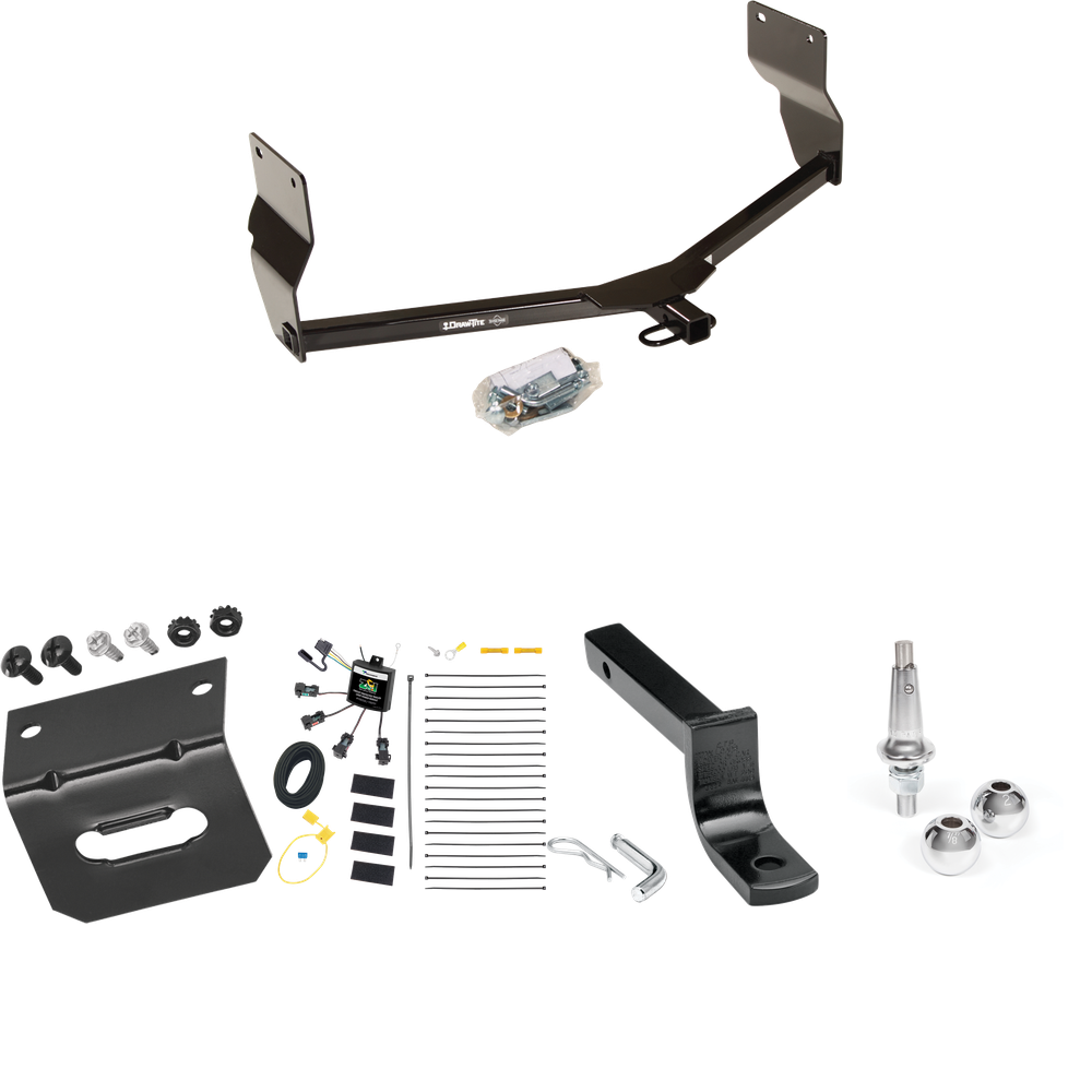 Fits 2013-2016 Dodge Dart Trailer Hitch Tow PKG w/ 4-Flat Zero Contact "No Splice" Wiring Harness + Draw-Bar + Interchangeable 1-7/8" & 2" Balls + Wiring Bracket By Draw-Tite