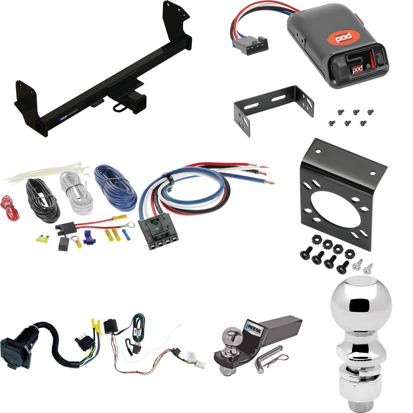 Se adapta al paquete de enganche de remolque Mitsubishi Eclipse Cross 2022-2023 con control de freno POD serie Pro + adaptador de cableado BC genérico + cableado RV de 7 vías + soporte de bola y caída de 2" y 2-5/16" de Reese Towpower