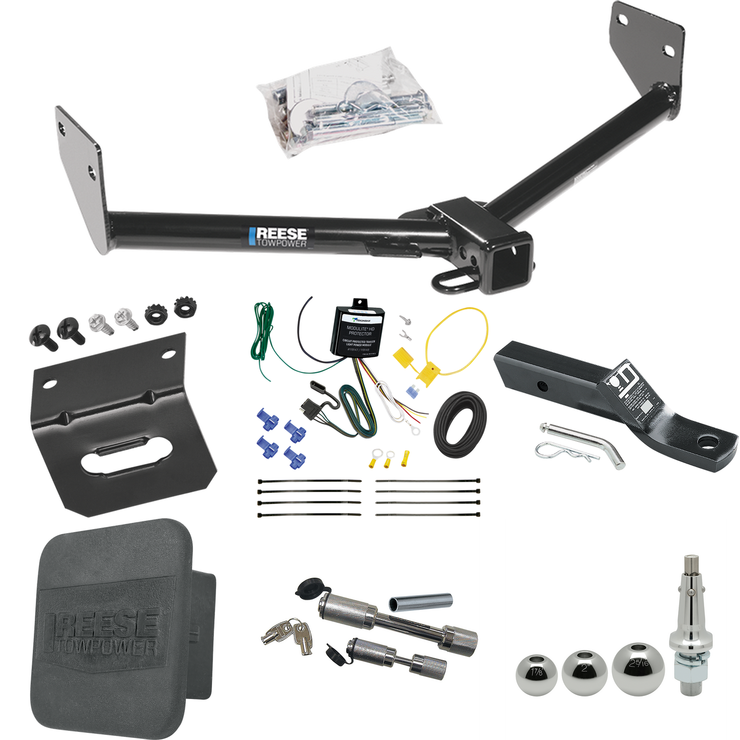 Fits 2005-2006 Honda Element Trailer Hitch Tow PKG w/ 4-Flat Wiring + Ball Mount w/ 2" Drop + Interchangeable Ball 1-7/8" & 2" & 2-5/16" + Wiring Bracket + Dual Hitch & Coupler Locks + Hitch Cover (Excludes: SC Models) By Reese Towpower