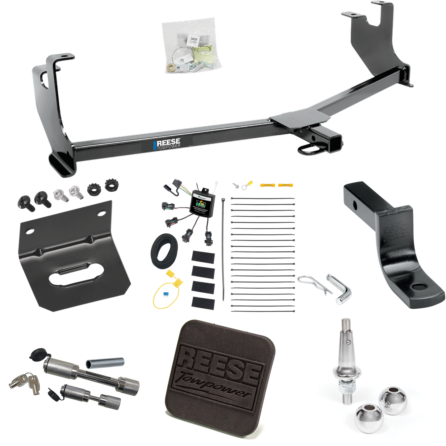 Fits 2014-2019 Volkswagen Beetle Trailer Hitch Tow PKG w/ 4-Flat Zero Contact "No Splice" Wiring Harness + Draw-Bar + Interchangeable 1-7/8" & 2" Balls + Wiring Bracket + Hitch Cover + Dual Hitch & Coupler Locks (Excludes: R-Line & GSR Models) By Ree