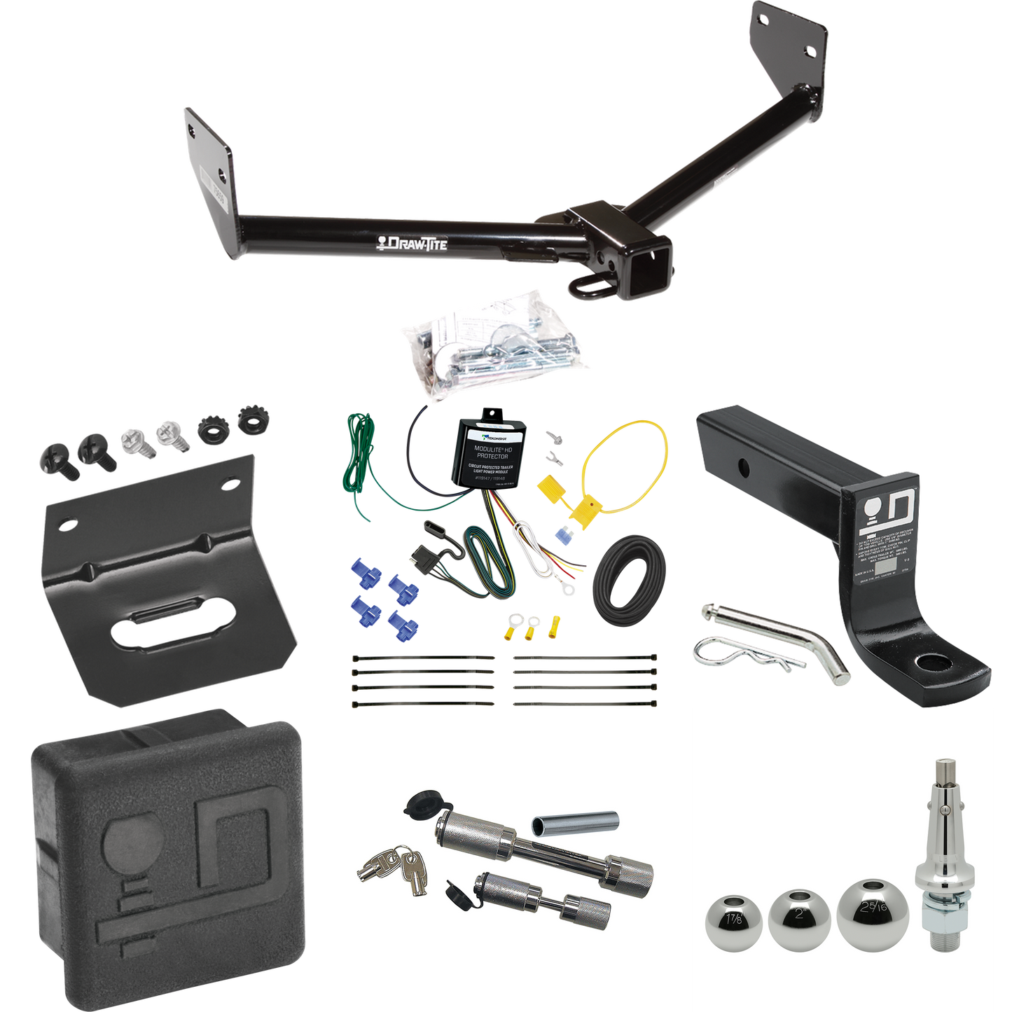 Fits 2005-2006 Honda Element Trailer Hitch Tow PKG w/ 4-Flat Wiring + Ball Mount w/ 4" Drop + Interchangeable Ball 1-7/8" & 2" & 2-5/16" + Wiring Bracket + Dual Hitch & Coupler Locks + Hitch Cover (For SC Models) By Draw-Tite