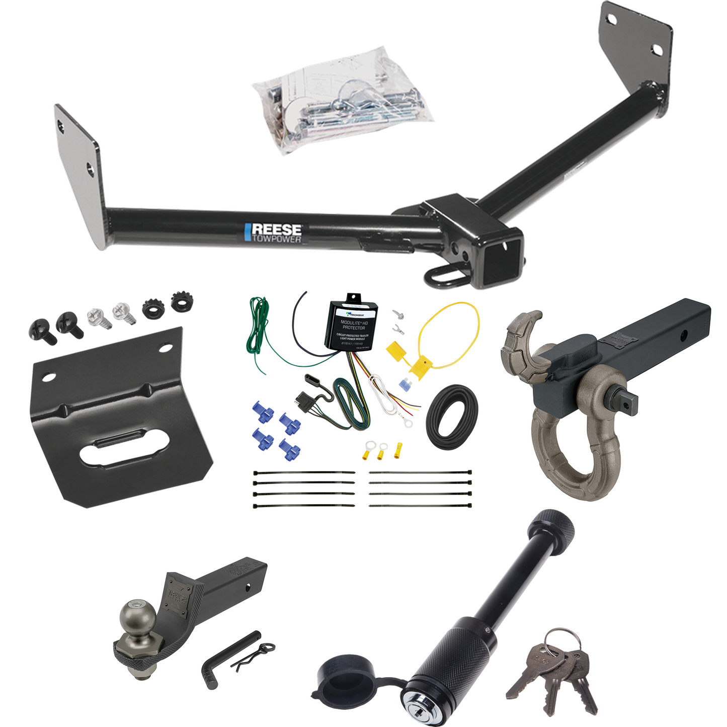 Fits 2005-2006 Honda Element Trailer Hitch Tow PKG w/ 4-Flat Wiring + Interlock Tactical Starter Kit w/ 2" Drop & 2" Ball + Tactical Hook & Shackle Mount + Tactical Dogbone Lock + Wiring Bracket (Excludes: SC Models) By Reese Towpower