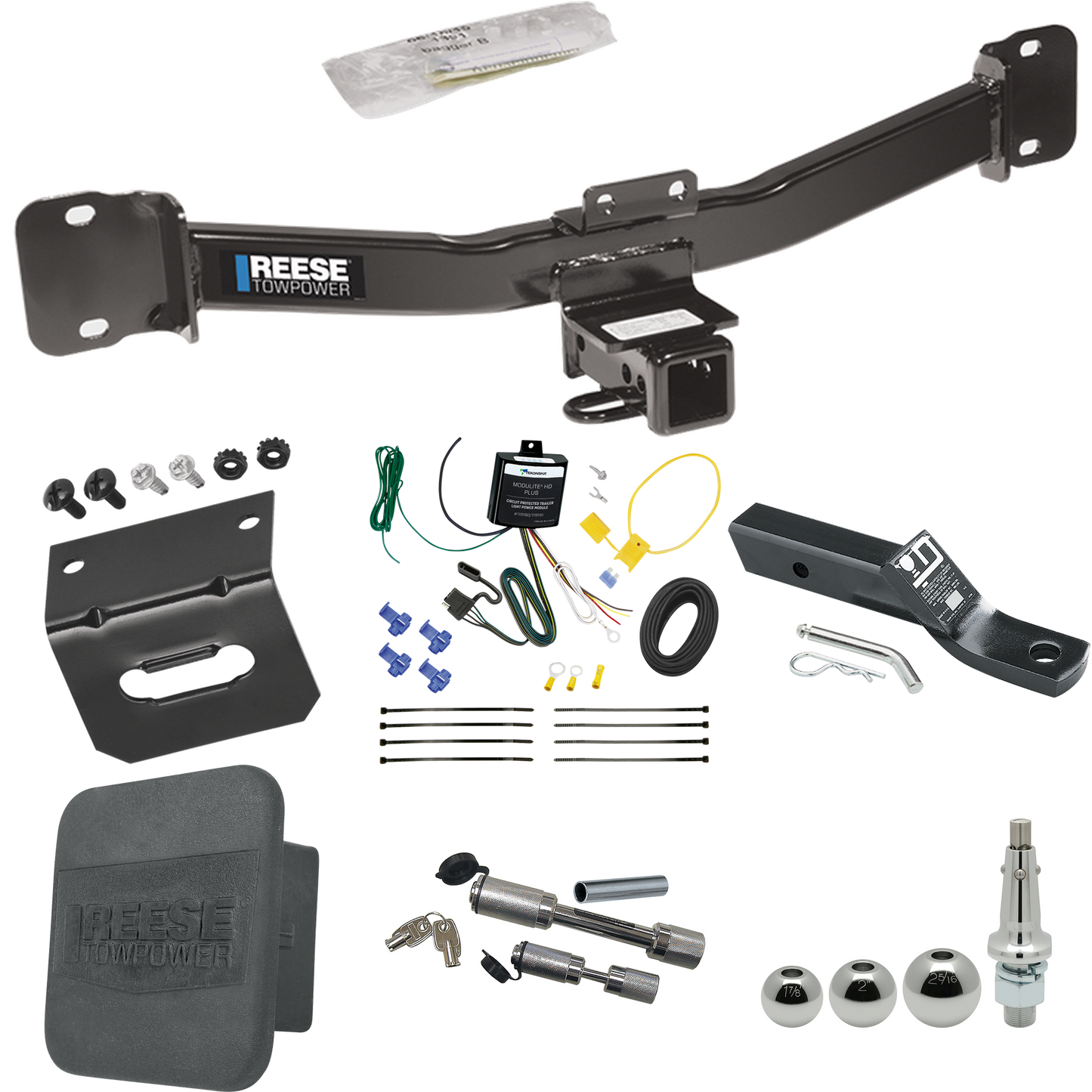 Fits 2004-2010 BMW X3 Trailer Hitch Tow PKG w/ 4-Flat Wiring + Ball Mount w/ 2" Drop + Interchangeable Ball 1-7/8" & 2" & 2-5/16" + Wiring Bracket + Dual Hitch & Coupler Locks + Hitch Cover By Reese Towpower