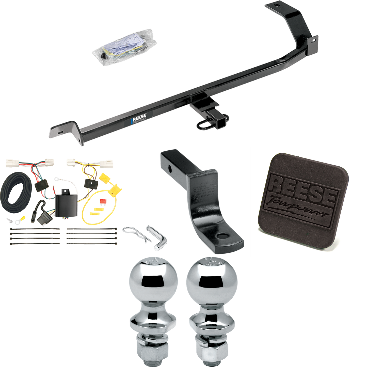 Fits 2012-2017 Mitsubishi Lancer Trailer Hitch Tow PKG w/ 4-Flat Wiring Harness + Draw-Bar + 1-7/8" + 2" Ball + Hitch Cover (For Sedan, Except Evolution, Ralliart & w/Dual Exhaust Models) By Reese Towpower