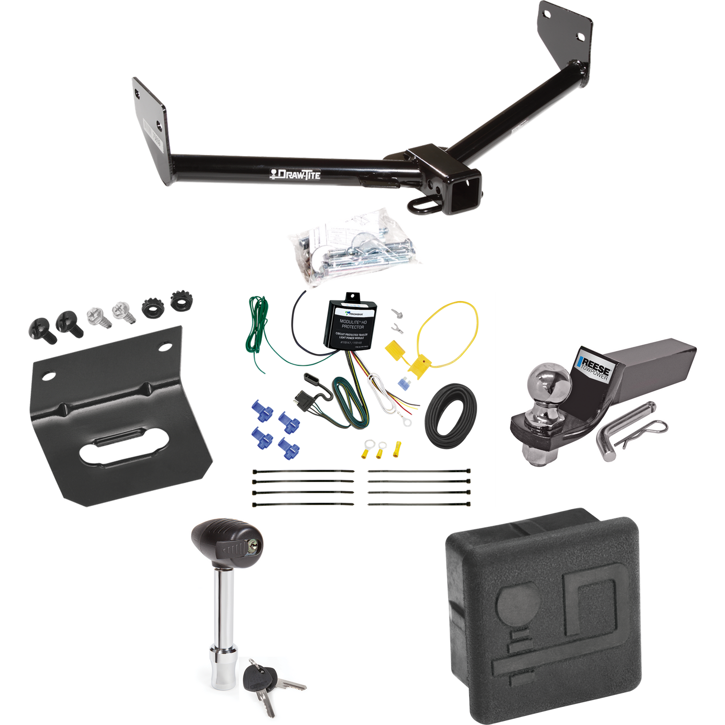 Se adapta al paquete de enganche de remolque Honda Element 2005-2006 con cableado de 4 planos + kit de montaje de bola de inicio con caída de 2" y bola de 2" + soporte de cableado + bloqueo de enganche + cubierta de enganche (para modelos SC) de Draw-Tite