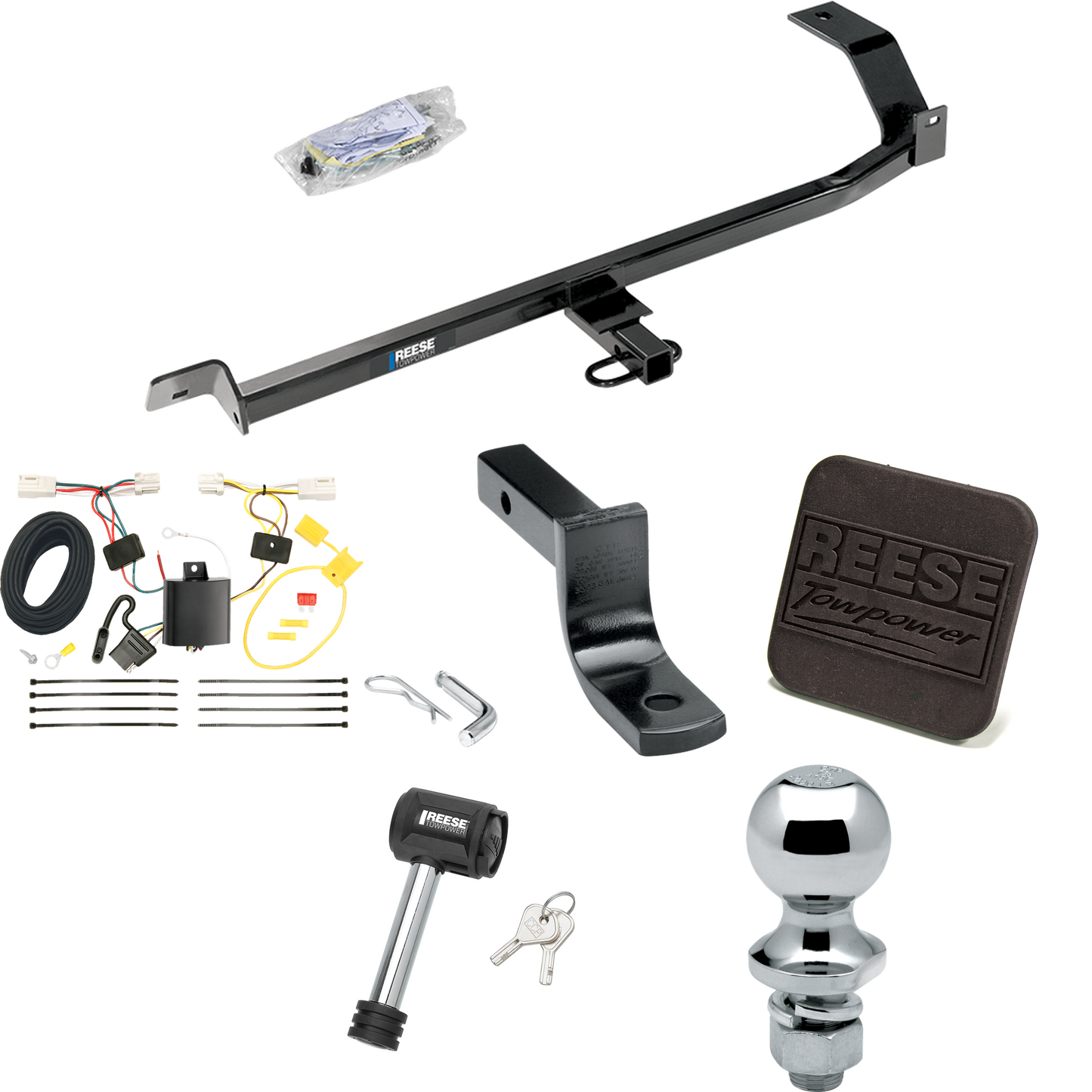 Fits 2012-2017 Mitsubishi Lancer Trailer Hitch Tow PKG w/ 4-Flat Wiring Harness + Draw-Bar + 1-7/8" Ball + Hitch Cover + Hitch Lock (For Sedan, Except Evolution, Ralliart & w/Dual Exhaust Models) By Reese Towpower