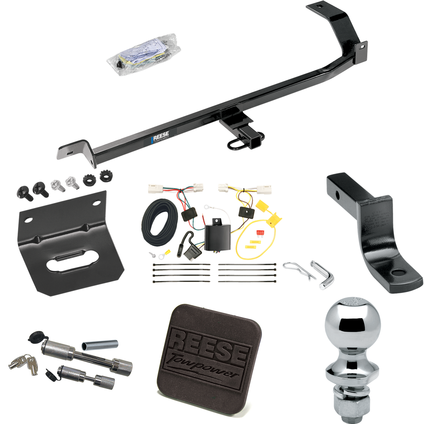 Fits 2010-2014 Mitsubishi Lancer Trailer Hitch Tow PKG w/ 4-Flat Wiring Harness + Draw-Bar + 1-7/8" Ball + Wiring Bracket + Hitch Cover + Dual Hitch & Coupler Locks (For Hatchback, Except Ralliart & w/Dual Exhaust Models) By Reese Towpower