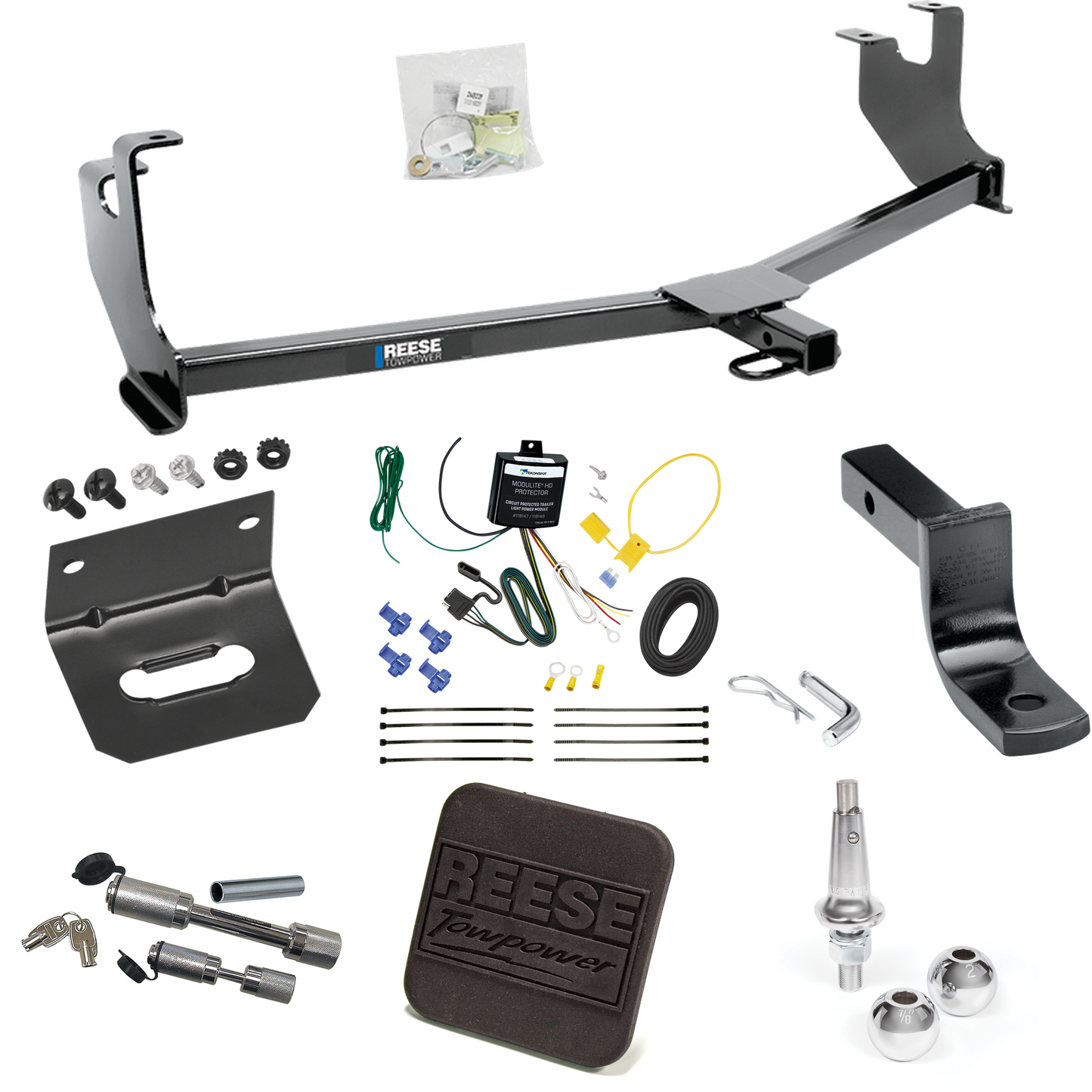 Fits 2014-2019 Volkswagen Beetle Trailer Hitch Tow PKG w/ 4-Flat Wiring Harness + Draw-Bar + Interchangeable 1-7/8" & 2" Balls + Wiring Bracket + Hitch Cover + Dual Hitch & Coupler Locks (Excludes: R-Line & GSR Models) By Reese Towpower