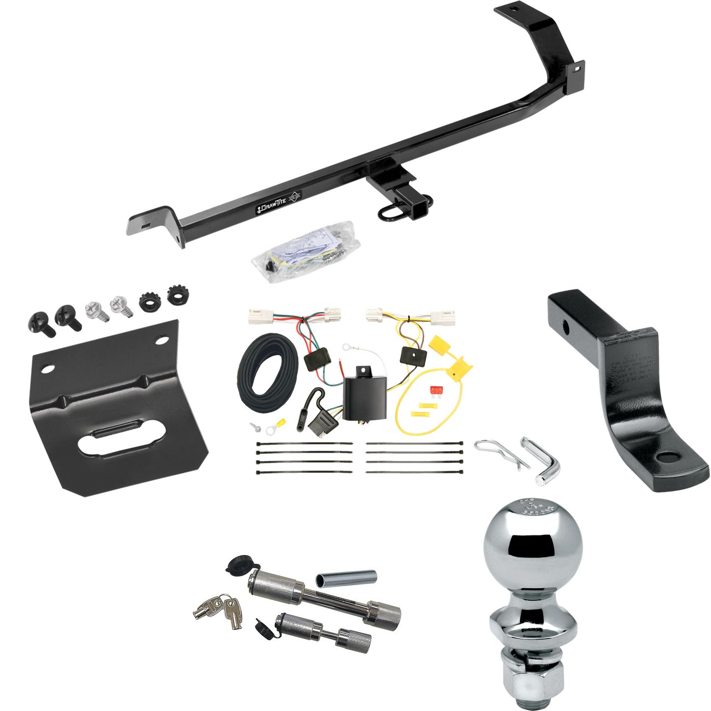 Fits 2012-2017 Mitsubishi Lancer Trailer Hitch Tow PKG w/ 4-Flat Wiring Harness + Draw-Bar + 2" Ball + Wiring Bracket + Dual Hitch & Coupler Locks (For Sedan, Except Evolution, Ralliart & w/Dual Exhaust Models) By Draw-Tite