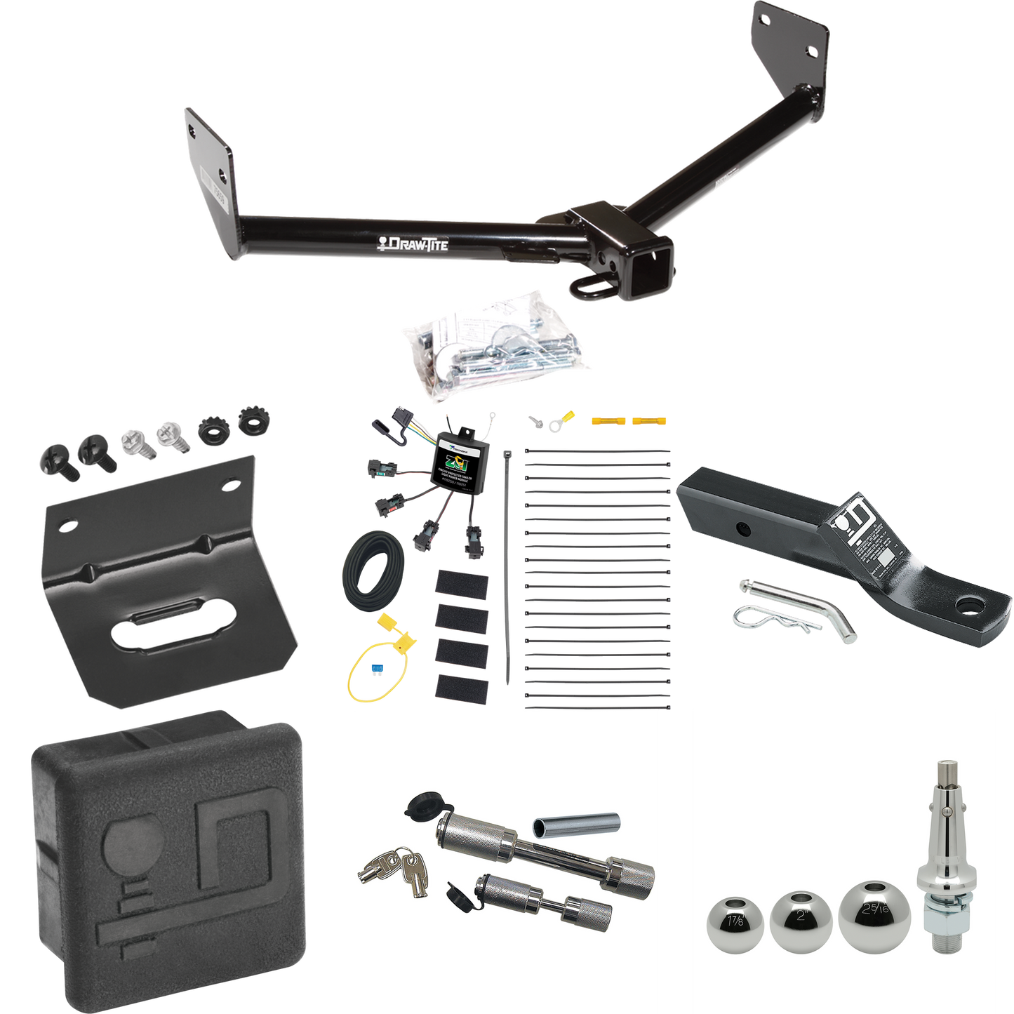 Fits 2005-2006 Honda Element Trailer Hitch Tow PKG w/ 4-Flat Zero Contact "No Splice" Wiring + Ball Mount w/ 2" Drop + Interchangeable Ball 1-7/8" & 2" & 2-5/16" + Wiring Bracket + Dual Hitch & Coupler Locks + Hitch Cover (For SC Models) By Draw-Tite