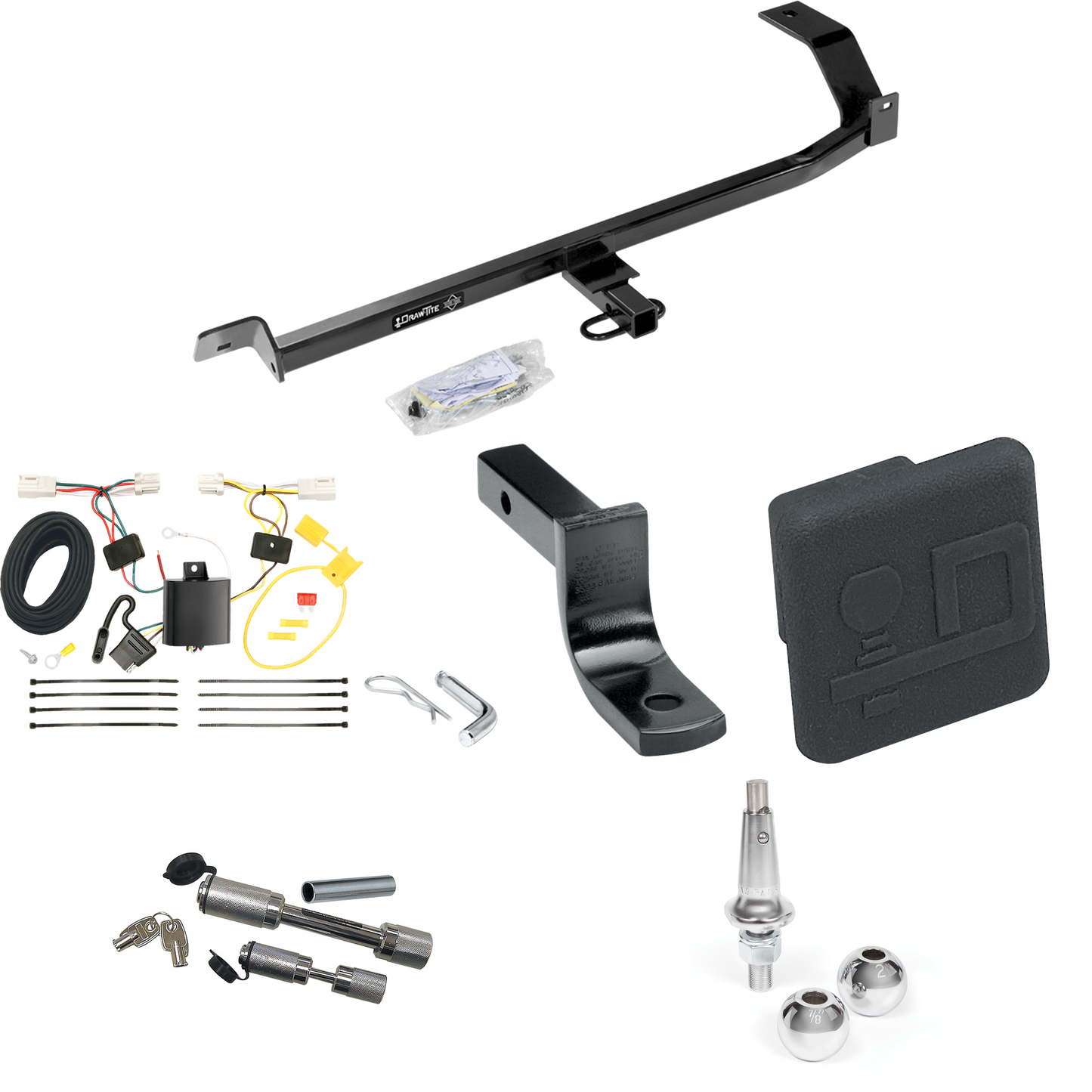 Fits 2012-2017 Mitsubishi Lancer Trailer Hitch Tow PKG w/ 4-Flat Wiring Harness + Draw-Bar + Interchangeable 1-7/8" & 2" Balls + Hitch Cover + Dual Hitch & Coupler Locks (For Sedan, Except Evolution, Ralliart & w/Dual Exhaust Models) By Draw-Tite