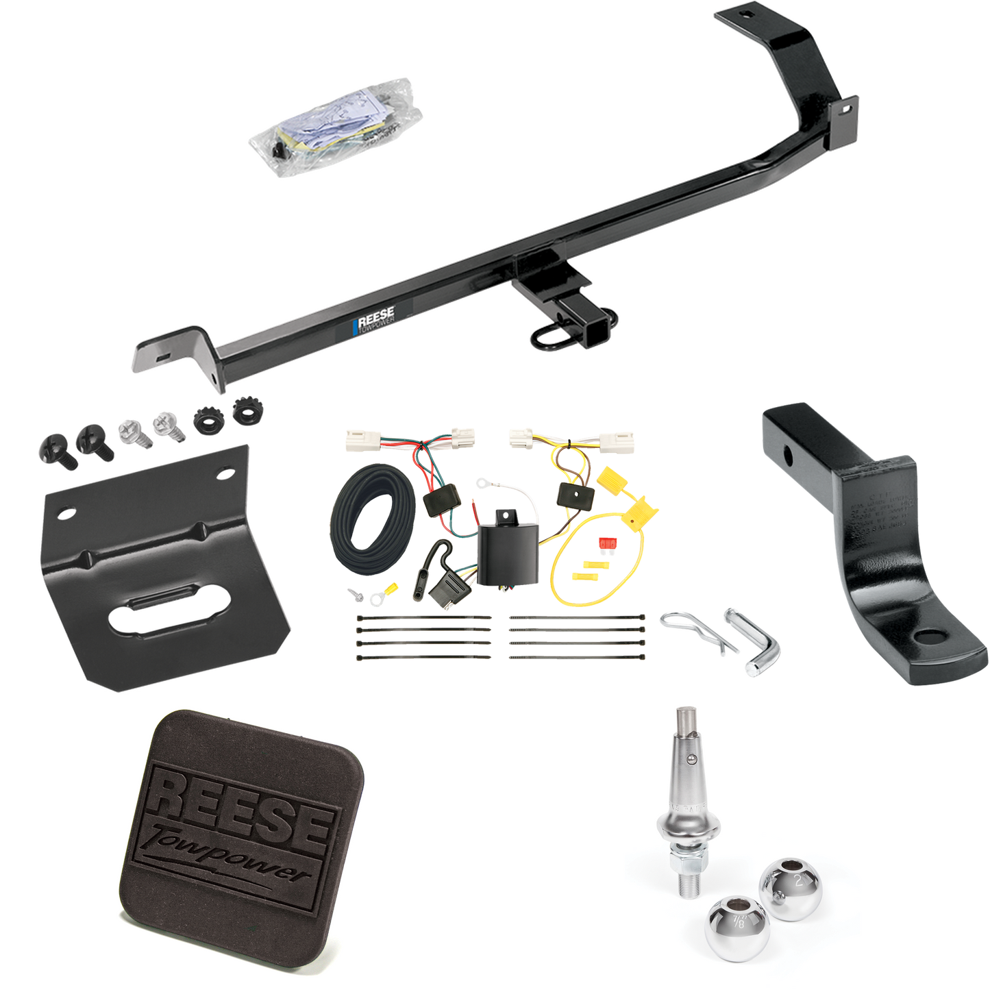 Fits 2012-2017 Mitsubishi Lancer Trailer Hitch Tow PKG w/ 4-Flat Wiring Harness + Draw-Bar + Interchangeable 1-7/8" & 2" Balls + Wiring Bracket + Hitch Cover (For Sedan, Except Evolution, Ralliart & w/Dual Exhaust Models) By Reese Towpower