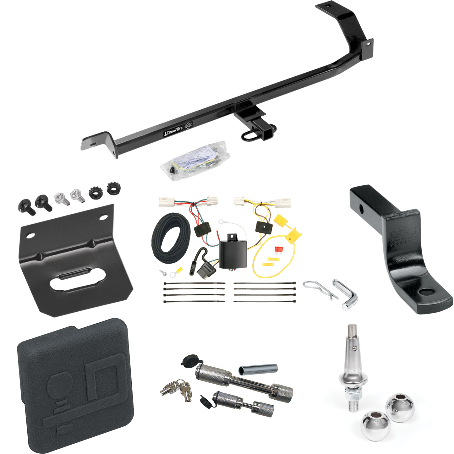 Fits 2012-2017 Mitsubishi Lancer Trailer Hitch Tow PKG w/ 4-Flat Wiring Harness + Draw-Bar + Interchangeable 1-7/8" & 2" Balls + Wiring Bracket + Hitch Cover + Dual Hitch & Coupler Locks (For Sedan, Except Evolution, Ralliart & w/Dual Exhaust Models)