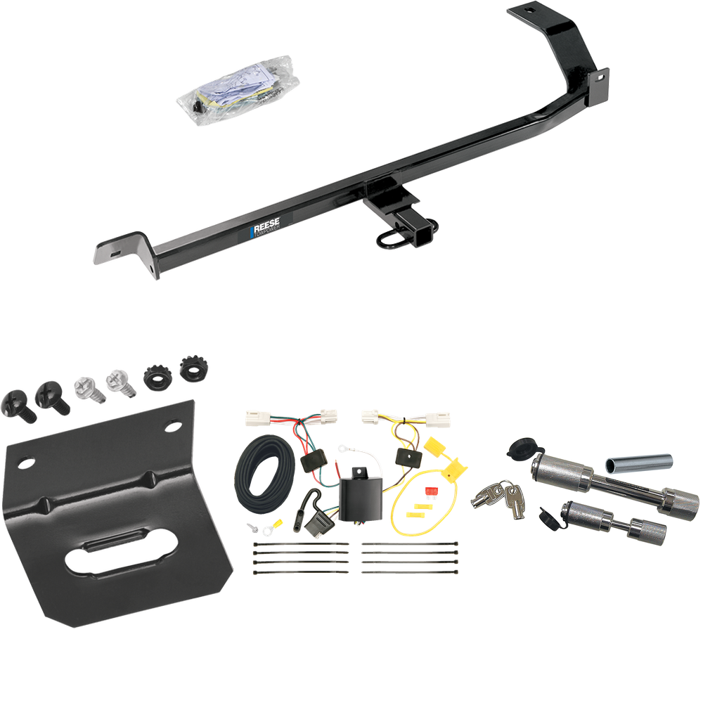 Fits 2012-2017 Mitsubishi Lancer Trailer Hitch Tow PKG w/ 4-Flat Wiring Harness + Wiring Bracket + Dual Hitch & Coupler Locks (For Sedan, Except Evolution, Ralliart & w/Dual Exhaust Models) By Reese Towpower