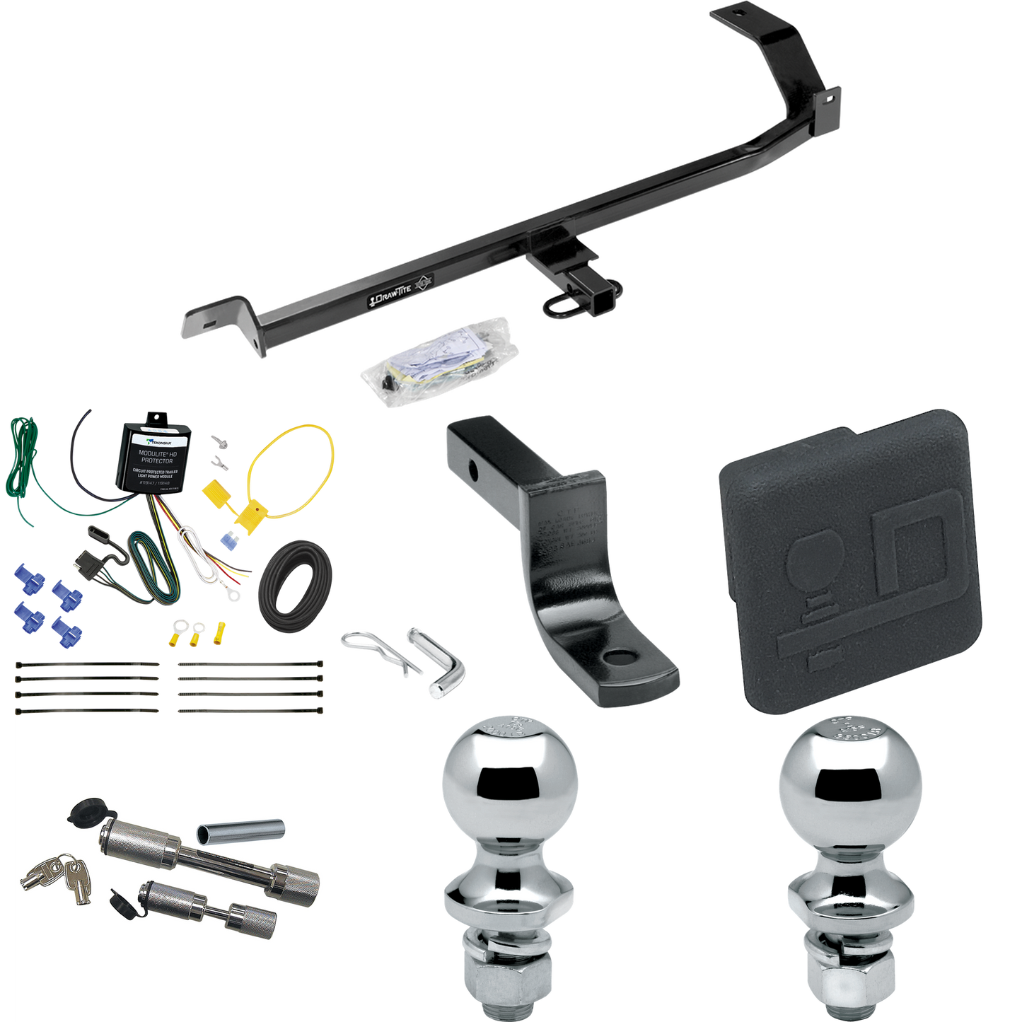 Fits 2008-2011 Mitsubishi Lancer Trailer Hitch Tow PKG w/ 4-Flat Wiring Harness + Draw-Bar + 1-7/8" + 2" Ball + Hitch Cover + Dual Hitch & Coupler Locks (For Sedan, Except Evolution, Ralliart & w/Dual Exhaust Models) By Draw-Tite