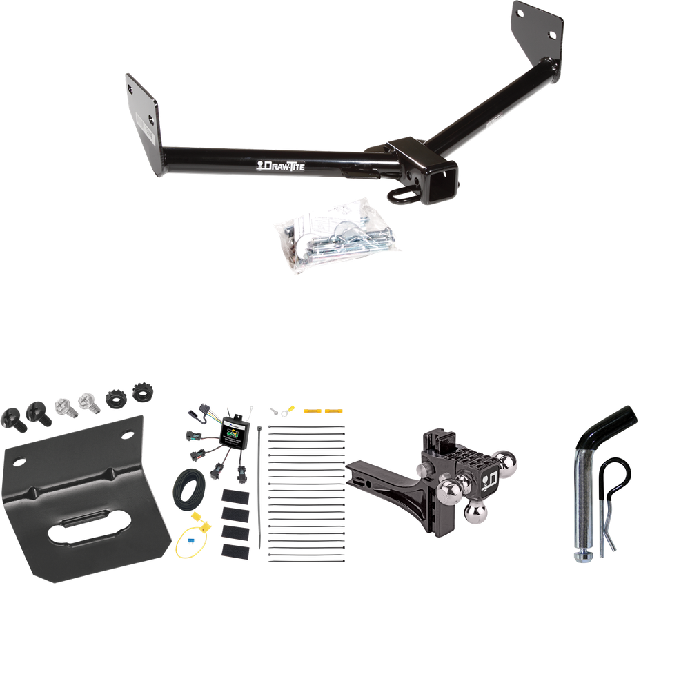 Fits 2005-2006 Honda Element Trailer Hitch Tow PKG w/ 4-Flat Zero Contact "No Splice" Wiring Harness + Adjustable Drop Rise Triple Ball Ball Mount 1-7/8" & 2" & 2-5/16" Trailer Balls + Pin/Clip + Wiring Bracket (For SC Models) By Draw-Tite