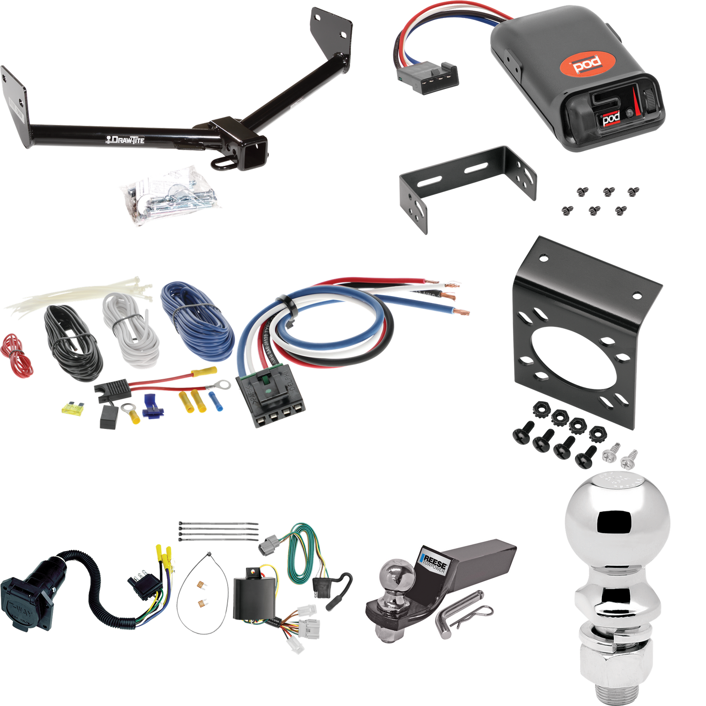 Se adapta al paquete de enganche de remolque Honda Element 2007-2010 con control de freno POD serie Pro + adaptador de cableado BC genérico + cableado RV de 7 vías + soporte de bola y caída de 2" y 2-5/16" (para modelos SC) por Draw- tite