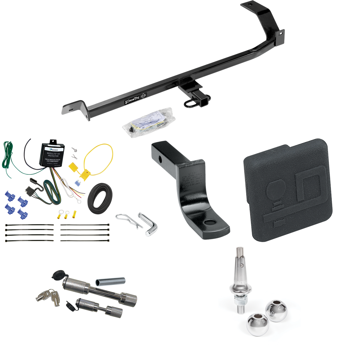 Fits 2008-2011 Mitsubishi Lancer Trailer Hitch Tow PKG w/ 4-Flat Wiring Harness + Draw-Bar + Interchangeable 1-7/8" & 2" Balls + Hitch Cover + Dual Hitch & Coupler Locks (For Sedan, Except Evolution, Ralliart & w/Dual Exhaust Models) By Draw-Tite