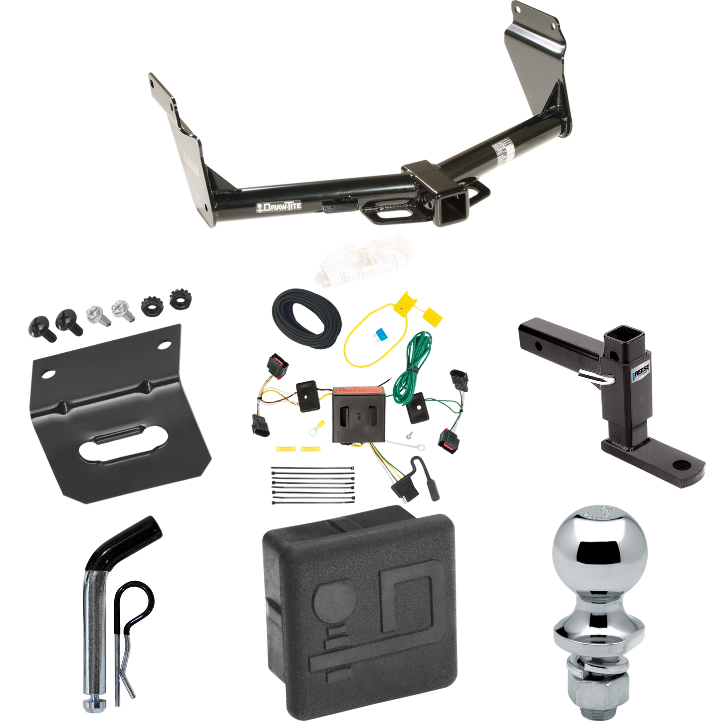 Se adapta al paquete de enganche de remolque Dodge Durango 2011-2013 con cableado plano de 4 + soporte de bola ajustable + pasador/clip + bola de 1-7/8" + soporte de cableado + cubierta de enganche de Draw-Tite