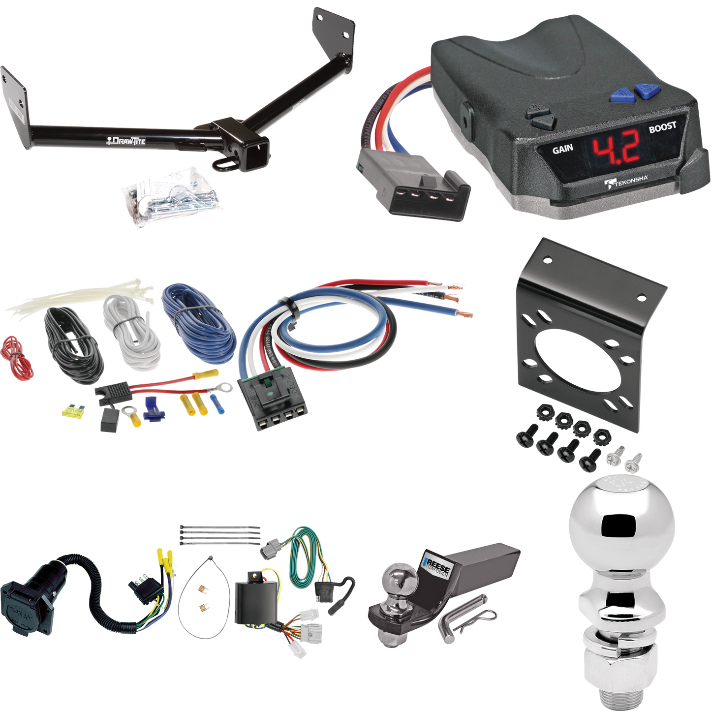 Se adapta al paquete de enganche de remolque Honda Element 2007-2011 con control de freno Tekonsha BRAKE-EVN + adaptador de cableado BC genérico + cableado RV de 7 vías + soporte de bola y caída de 2" y 2-5/16" (excluye: modelos SC) dibujar-tite