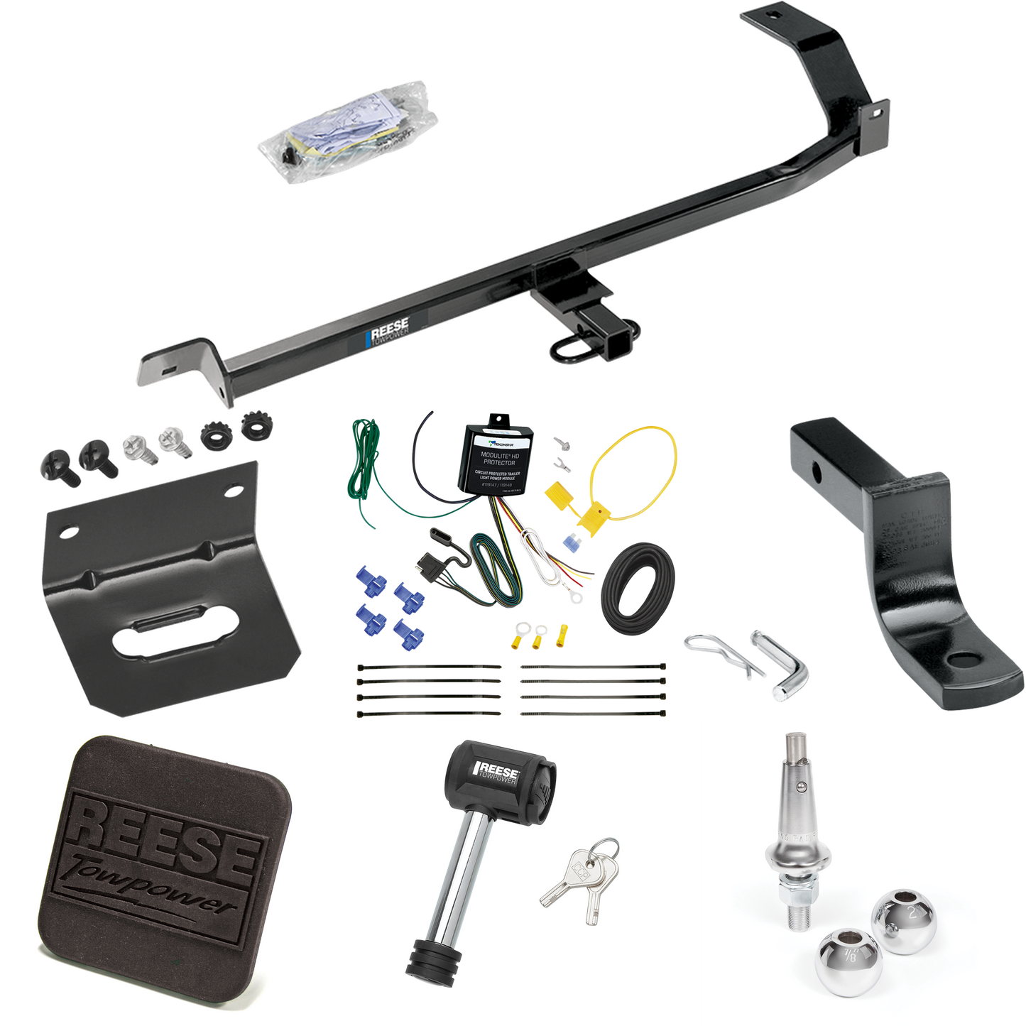 Fits 2008-2011 Mitsubishi Lancer Trailer Hitch Tow PKG w/ 4-Flat Wiring Harness + Draw-Bar + Interchangeable 1-7/8" & 2" Balls + Wiring Bracket + Hitch Cover + Hitch Lock (For Sedan, Except Evolution, Ralliart & w/Dual Exhaust Models) By Reese Towpow