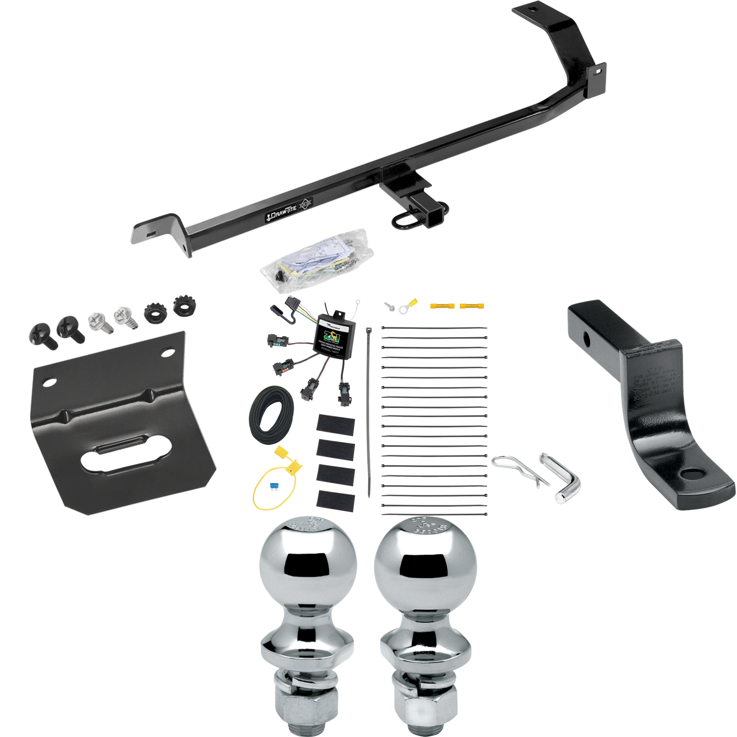 Fits 2008-2011 Mitsubishi Lancer Trailer Hitch Tow PKG w/ 4-Flat Zero Contact "No Splice" Wiring Harness + Draw-Bar + 1-7/8" + 2" Ball + Wiring Bracket (For Sedan, Except Evolution, Ralliart & w/Dual Exhaust Models) By Draw-Tite