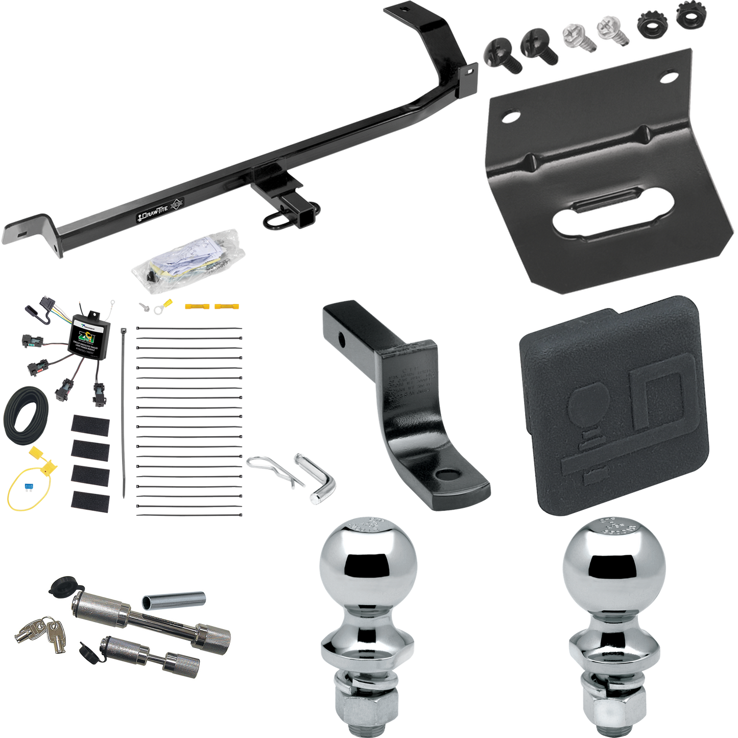 Fits 2008-2011 Mitsubishi Lancer Trailer Hitch Tow PKG w/ 4-Flat Zero Contact "No Splice" Wiring Harness + Draw-Bar + 1-7/8" + 2" Ball + Wiring Bracket + Hitch Cover + Dual Hitch & Coupler Locks (For Sedan, Except Evolution, Ralliart & w/Dual Exhaust