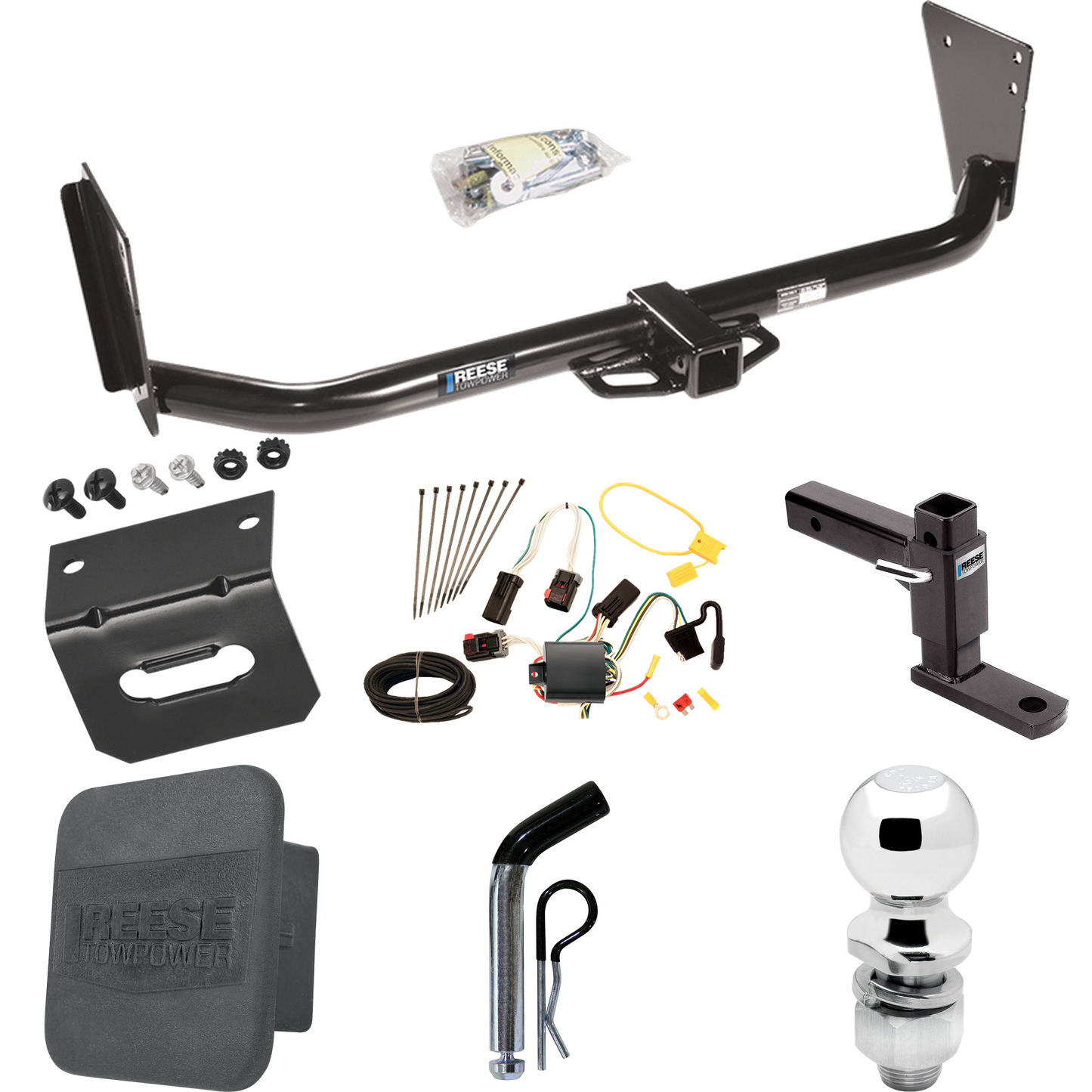 Fits 2004-2006 Dodge Durango Trailer Hitch Tow PKG w/ 4-Flat Wiring + Adjustable Drop Rise Ball Mount + Pin/Clip + 2" Ball + Wiring Bracket + Hitch Cover By Reese Towpower