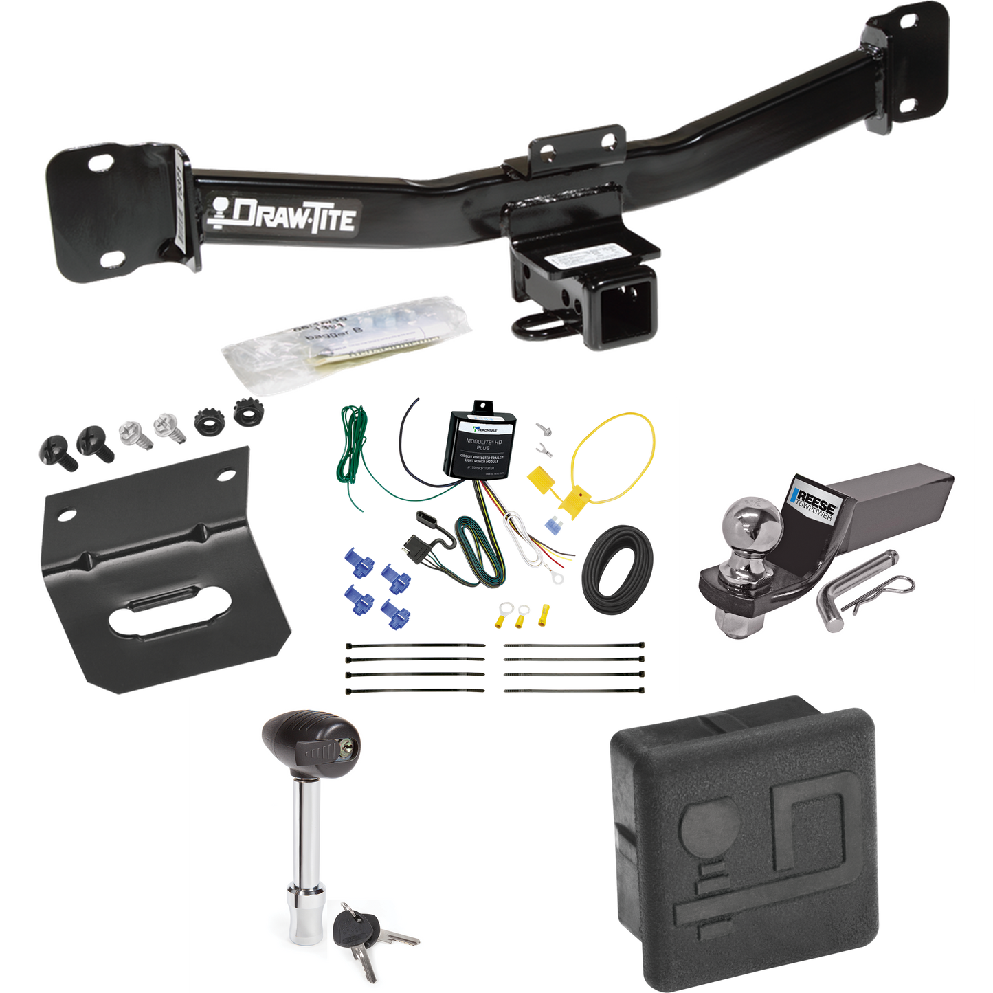 Fits 2004-2010 BMW X3 Trailer Hitch Tow PKG w/ 4-Flat Wiring + Starter Kit Ball Mount w/ 2" Drop & 2" Ball + Wiring Bracket + Hitch Lock + Hitch Cover By Draw-Tite