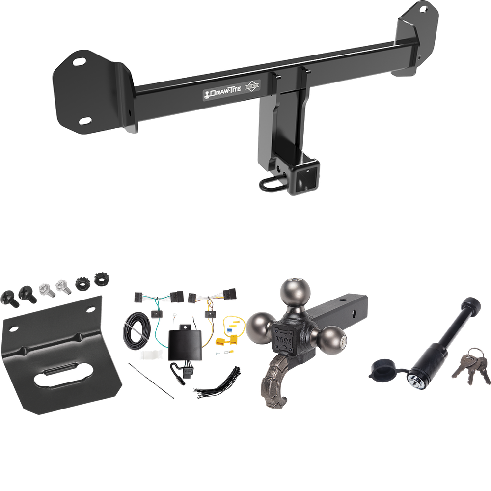 Fits 2018-2021 BMW X3 Trailer Hitch Tow PKG w/ 4-Flat Wiring + Triple Ball Tactical Ball Mount 1-7/8" & 2" & 2-5/16" Balls w/ Tow Hook + Tactical Dogbone Lock + Wiring Bracket By Draw-Tite