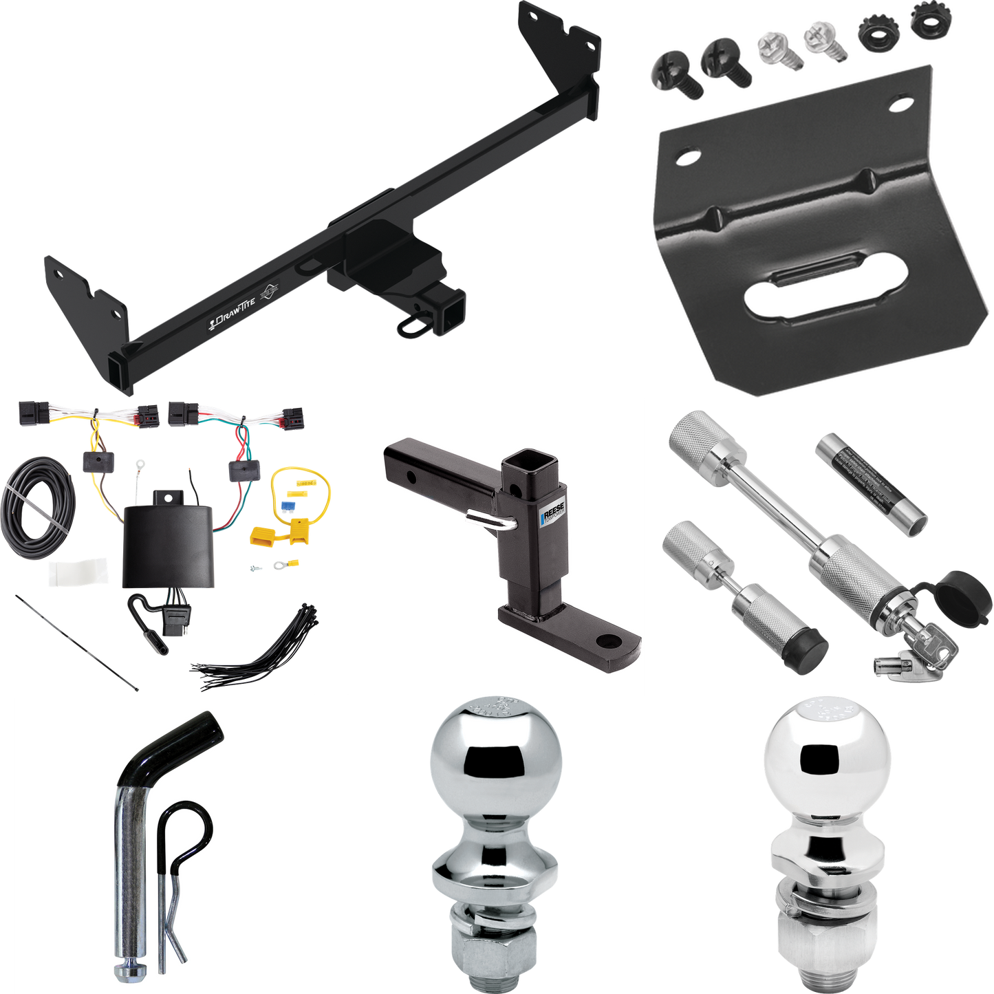 Fits 2020-2023 Volkswagen Atlas Cross Sport Trailer Hitch Tow PKG w/ 4-Flat Wiring Harness + Adjustable Drop Rise Ball Mount + Pin/Clip + 2" Ball + 1-7/8" Ball + Dual Hitch & Coupler Locks By Draw-Tite