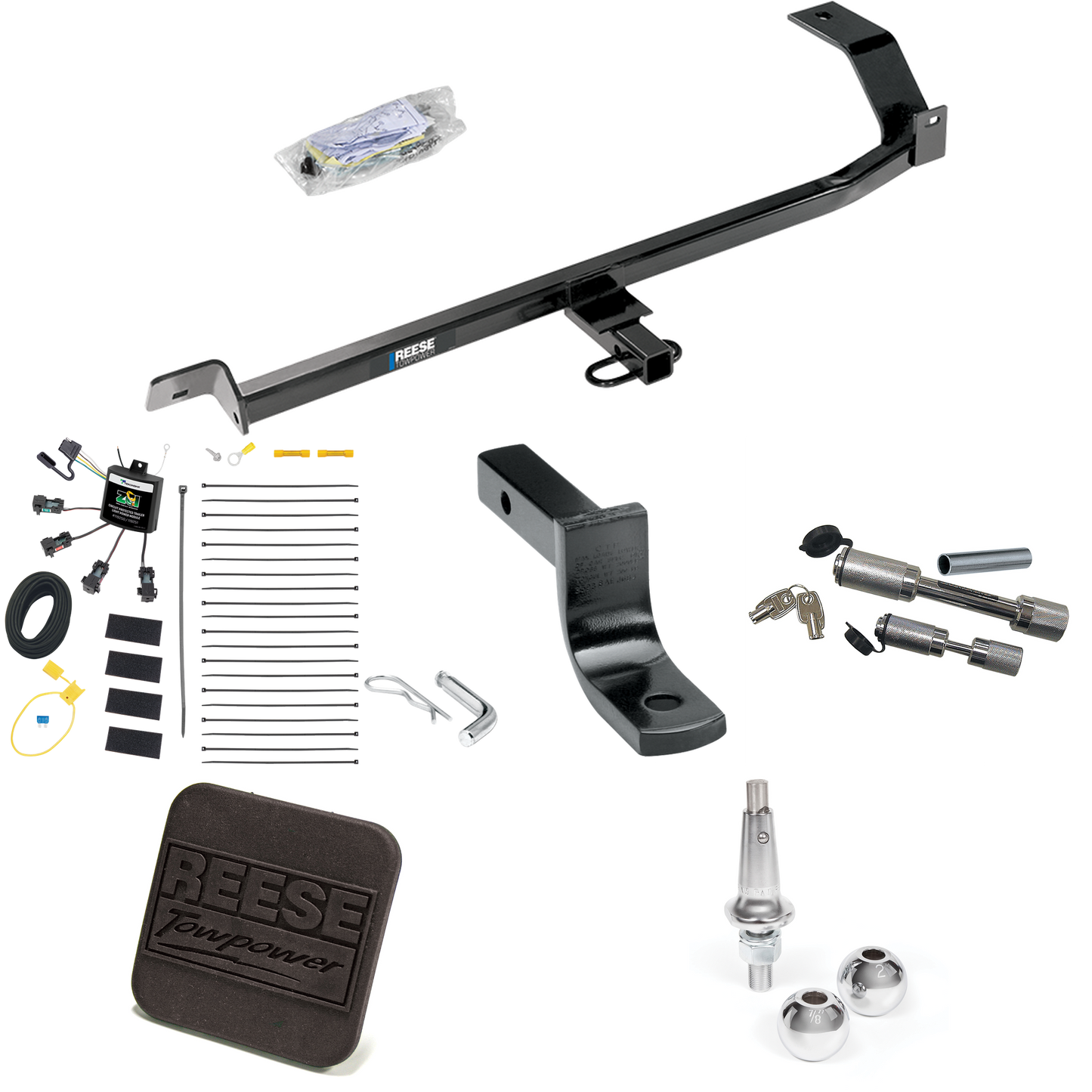 Fits 2008-2011 Mitsubishi Lancer Trailer Hitch Tow PKG w/ 4-Flat Zero Contact "No Splice" Wiring Harness + Draw-Bar + Interchangeable 1-7/8" & 2" Balls + Hitch Cover + Dual Hitch & Coupler Locks (For Sedan, Except Evolution, Ralliart & w/Dual Exhaust