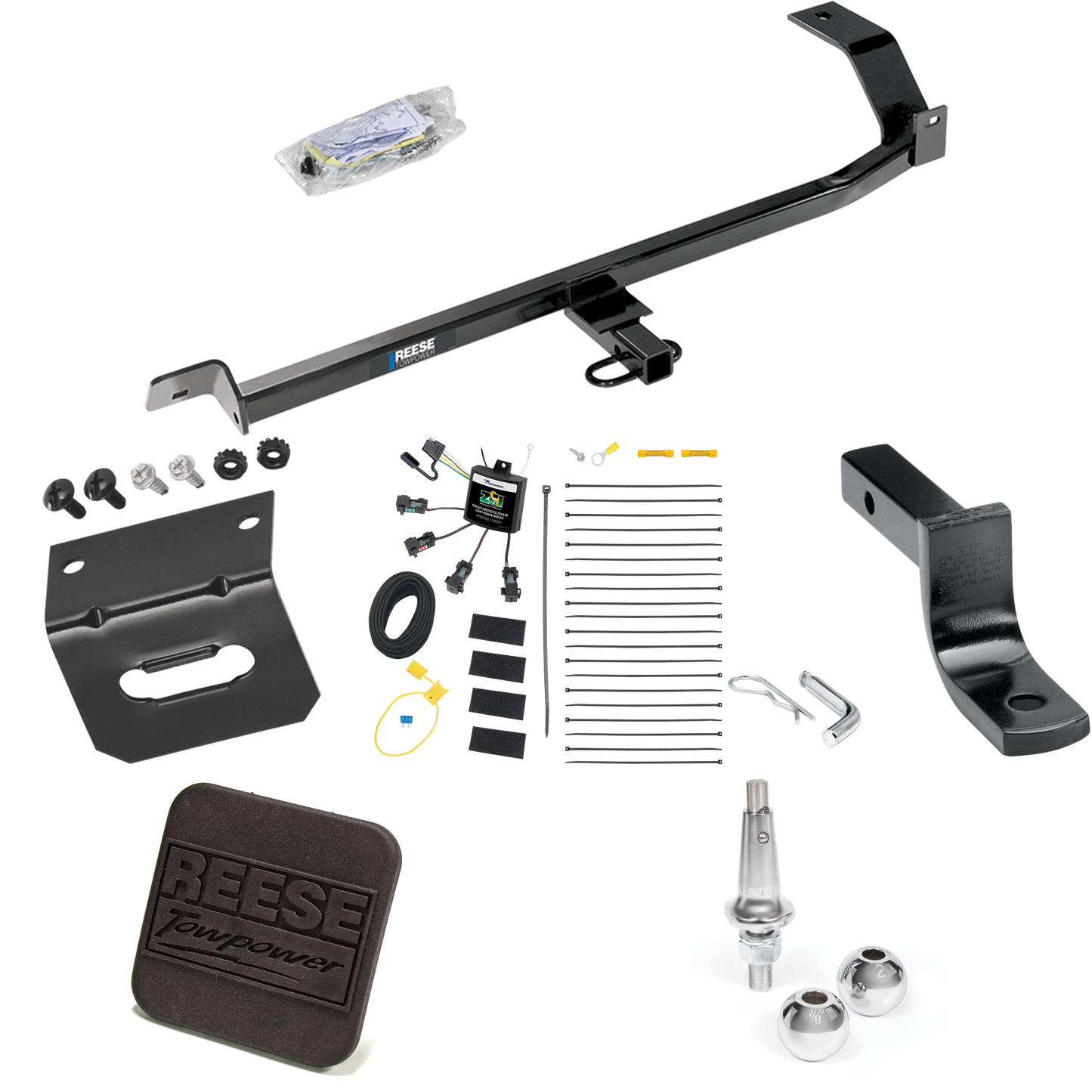 Fits 2008-2011 Mitsubishi Lancer Trailer Hitch Tow PKG w/ 4-Flat Zero Contact "No Splice" Wiring Harness + Draw-Bar + Interchangeable 1-7/8" & 2" Balls + Wiring Bracket + Hitch Cover (For Sedan, Except Evolution, Ralliart & w/Dual Exhaust Models) By