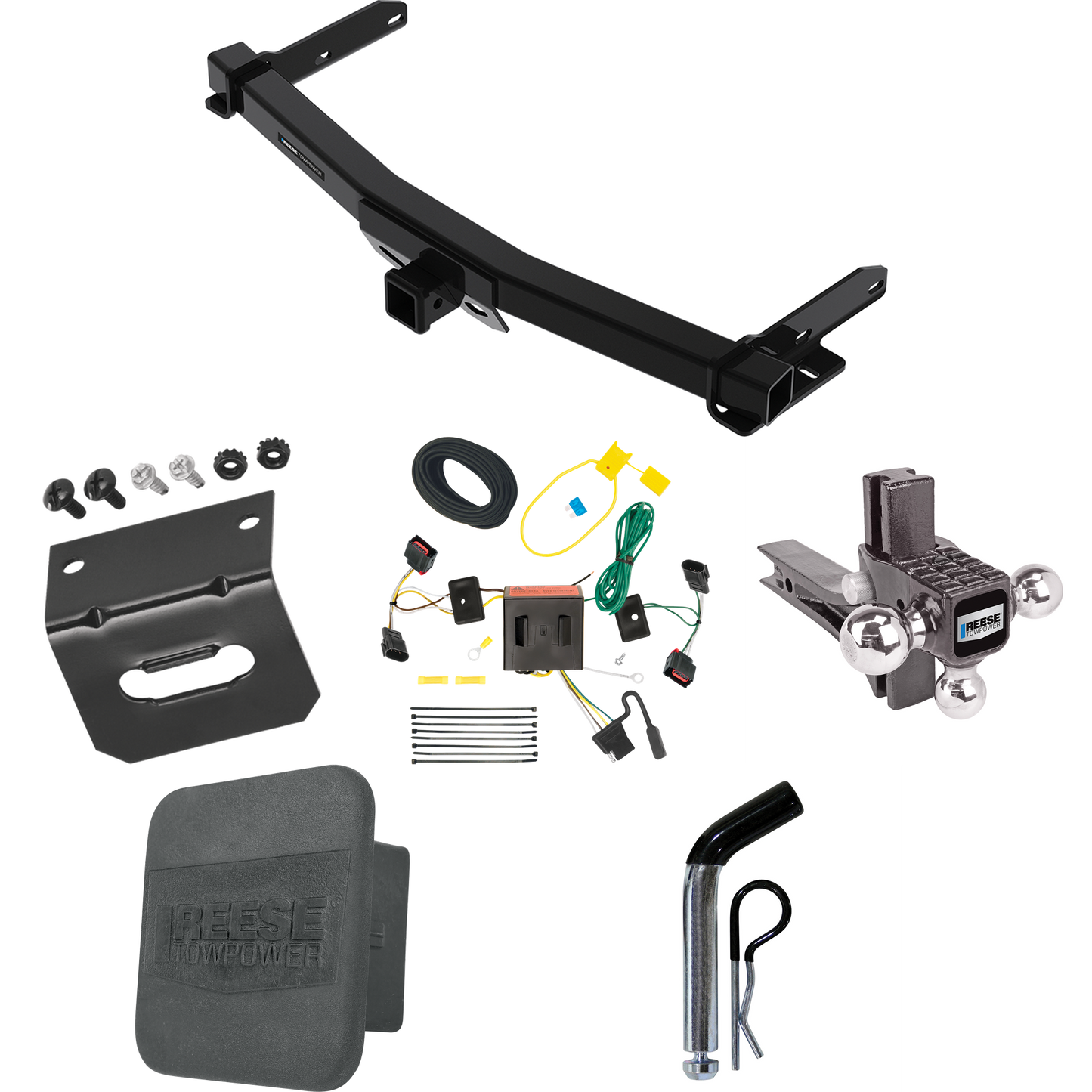 Fits 2011-2013 Dodge Durango Trailer Hitch Tow PKG w/ 4-Flat Wiring + Adjustable Drop Rise Triple Ball Ball Mount 1-7/8" & 2" & 2-5/16" Trailer Balls + Pin/Clip + Wiring Bracket + Hitch Cover By Reese Towpower