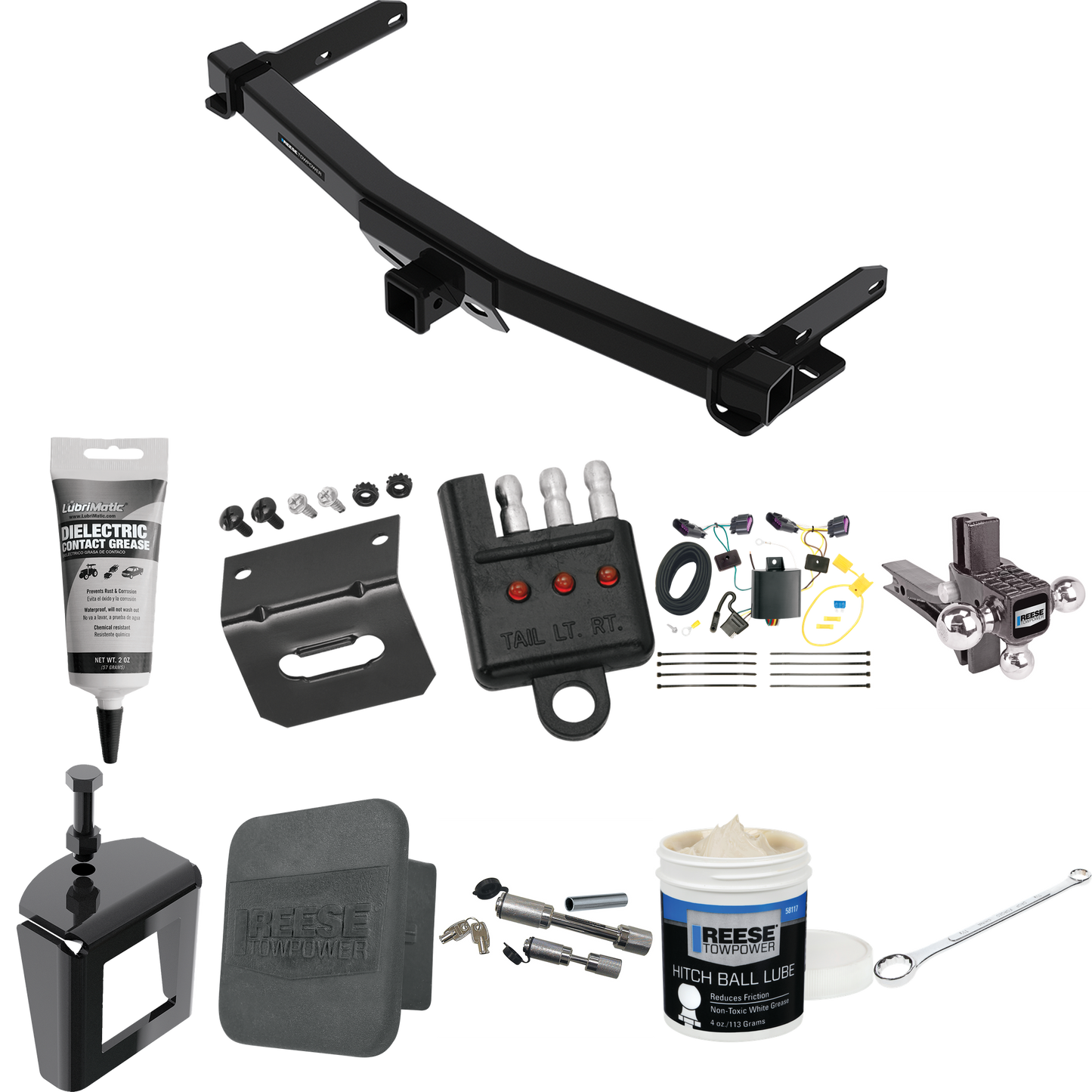 Fits 2014-2023 Dodge Durango Trailer Hitch Tow PKG w/ 4-Flat Wiring + Adjustable Drop Rise Triple Ball Ball Mount 1-7/8" & 2" & 2-5/16" Trailer Balls + Wiring Bracket + Hitch Cover + Dual Hitch & Coupler Locks + Wiring Tester + Ball Lube + Electric G