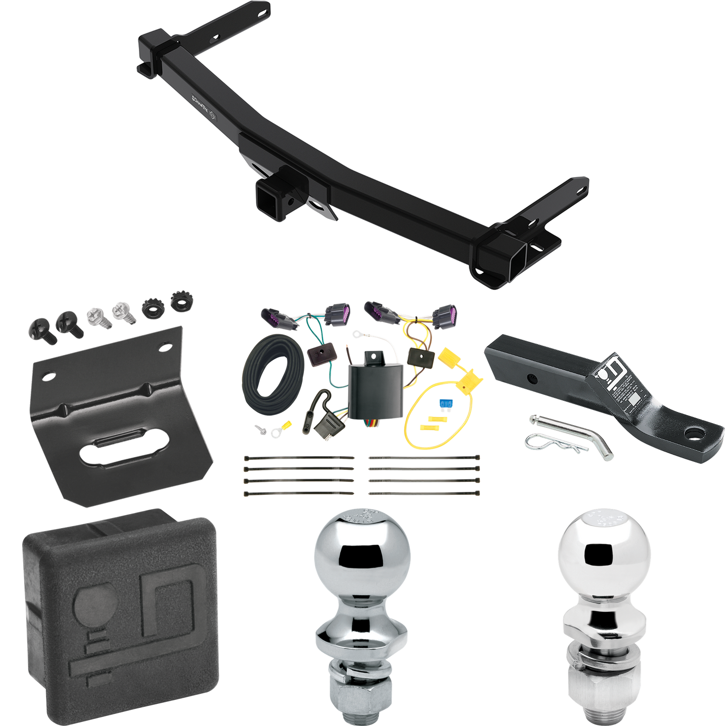 Fits 2014-2023 Dodge Durango Trailer Hitch Tow PKG w/ 4-Flat Wiring + Ball Mount w/ 2" Drop & 2" Ball + 1-7/8" Ball + Wiring Bracket + Hitch Cover By Draw-Tite