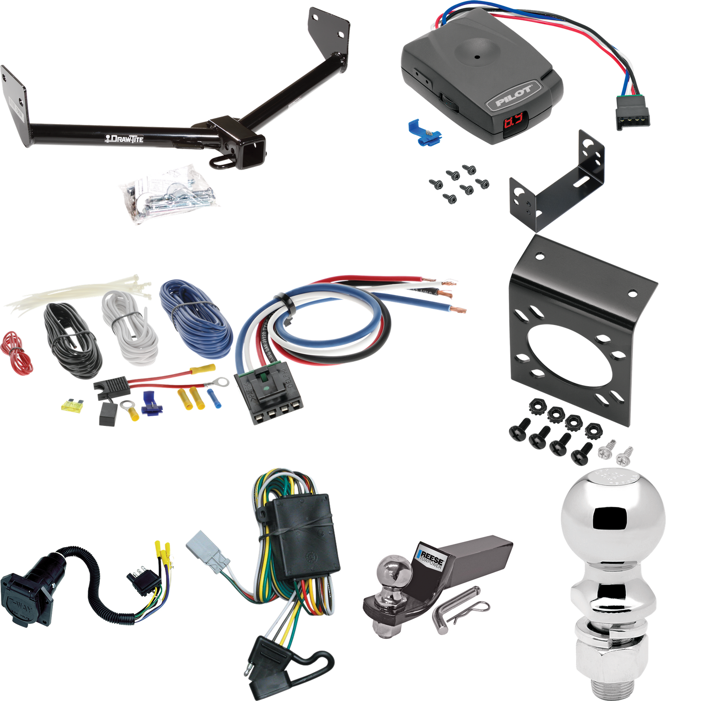 Se adapta al paquete de enganche de remolque Honda Element 2003-2004 con control de freno piloto serie Pro + adaptador de cableado BC genérico + cableado RV de 7 vías + soporte de bola y caída de 2" y 2-5/16" de Draw-Tite