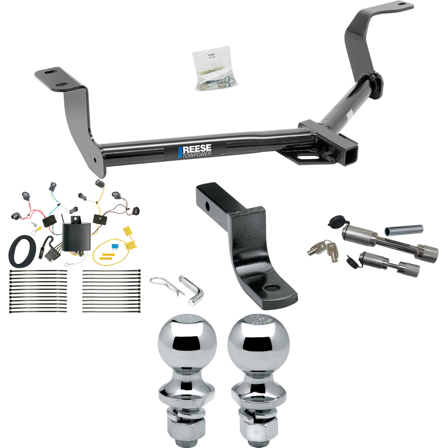 Se adapta al paquete de remolque con enganche de remolque Honda Fit 2015-2020 con arnés de cableado de 4 planos + barra de tracción + bola de 1-7/8" + 2" + enganche doble y cerraduras de acoplador de Reese Towpower