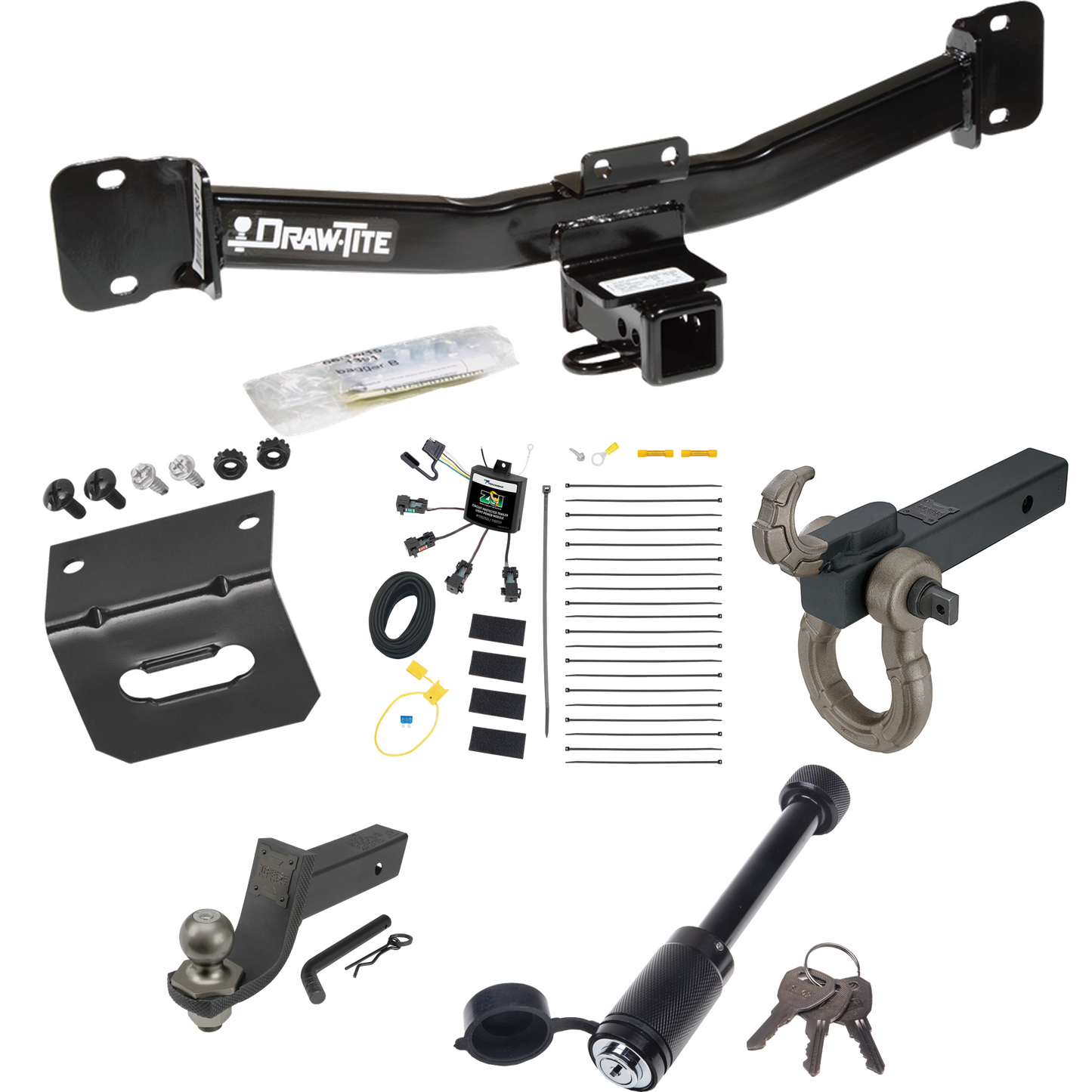 Fits 2004-2010 BMW X3 Trailer Hitch Tow PKG w/ 4-Flat Zero Contact "No Splice" Wiring + Interlock Tactical Starter Kit w/ 3-1/4" Drop & 2" Ball + Tactical Hook & Shackle Mount + Tactical Dogbone Lock + Wiring Bracket By Draw-Tite