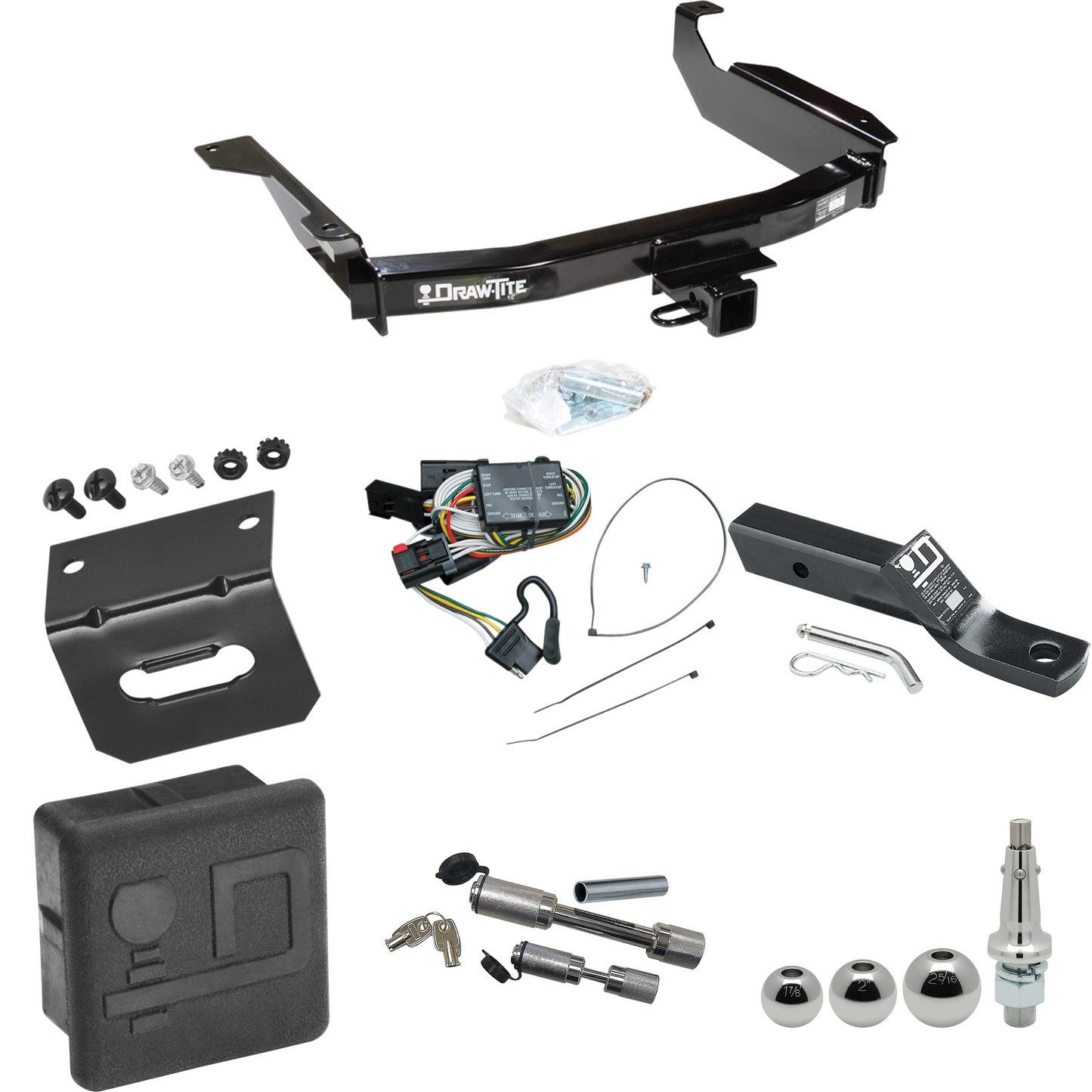 Fits 1998-2003 Dodge Durango Trailer Hitch Tow PKG w/ 4-Flat Wiring + Ball Mount w/ 2" Drop + Interchangeable Ball 1-7/8" & 2" & 2-5/16" + Wiring Bracket + Dual Hitch & Coupler Locks + Hitch Cover By Draw-Tite