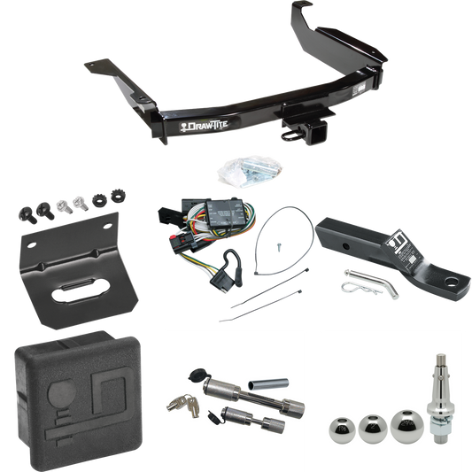 Fits 1998-2003 Dodge Durango Trailer Hitch Tow PKG w/ 4-Flat Wiring + Ball Mount w/ 2" Drop + Interchangeable Ball 1-7/8" & 2" & 2-5/16" + Wiring Bracket + Dual Hitch & Coupler Locks + Hitch Cover By Draw-Tite