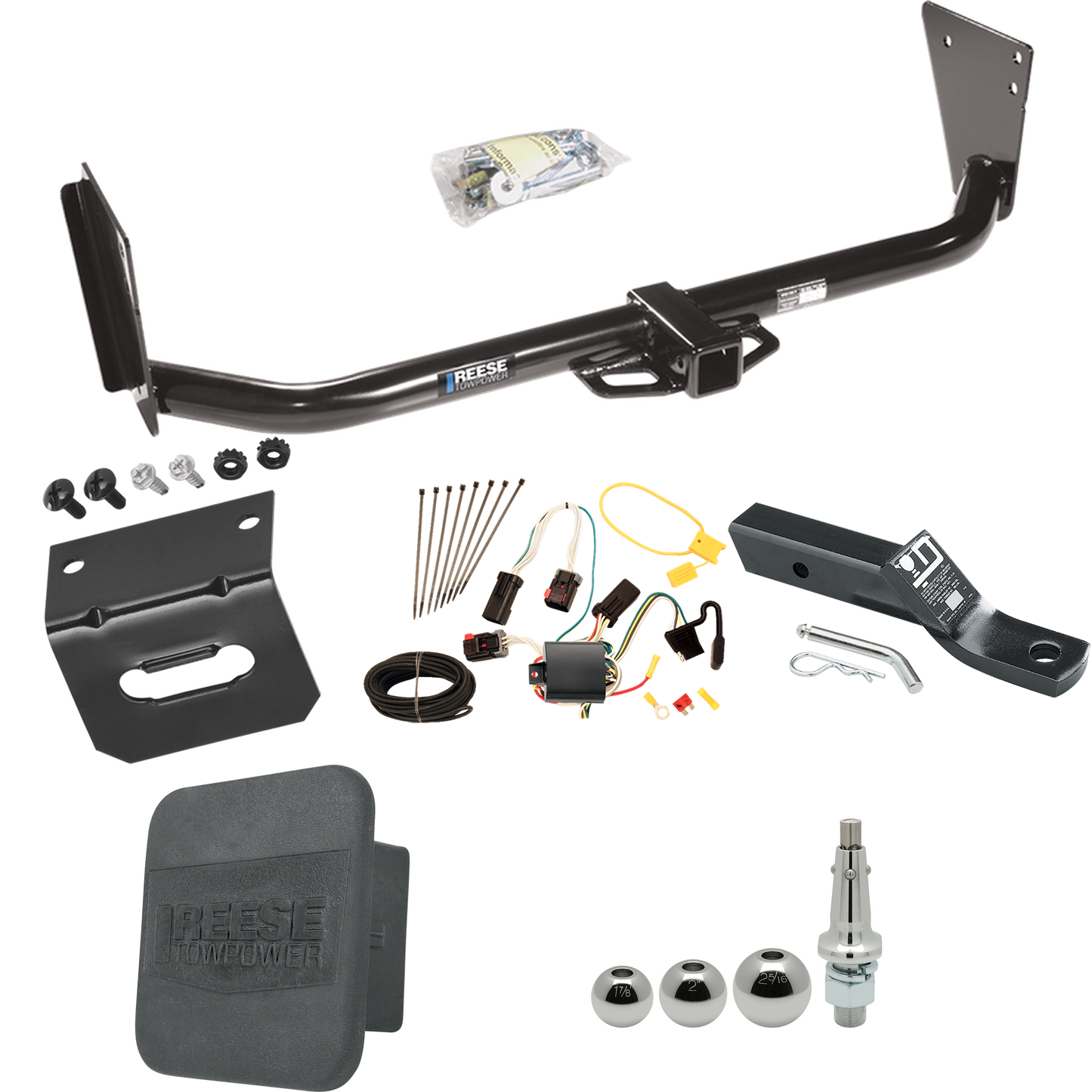 Fits 2004-2006 Dodge Durango Trailer Hitch Tow PKG w/ 4-Flat Wiring + Ball Mount w/ 2" Drop + Interchangeable Ball 1-7/8" & 2" & 2-5/16" + Wiring Bracket + Hitch Cover By Reese Towpower