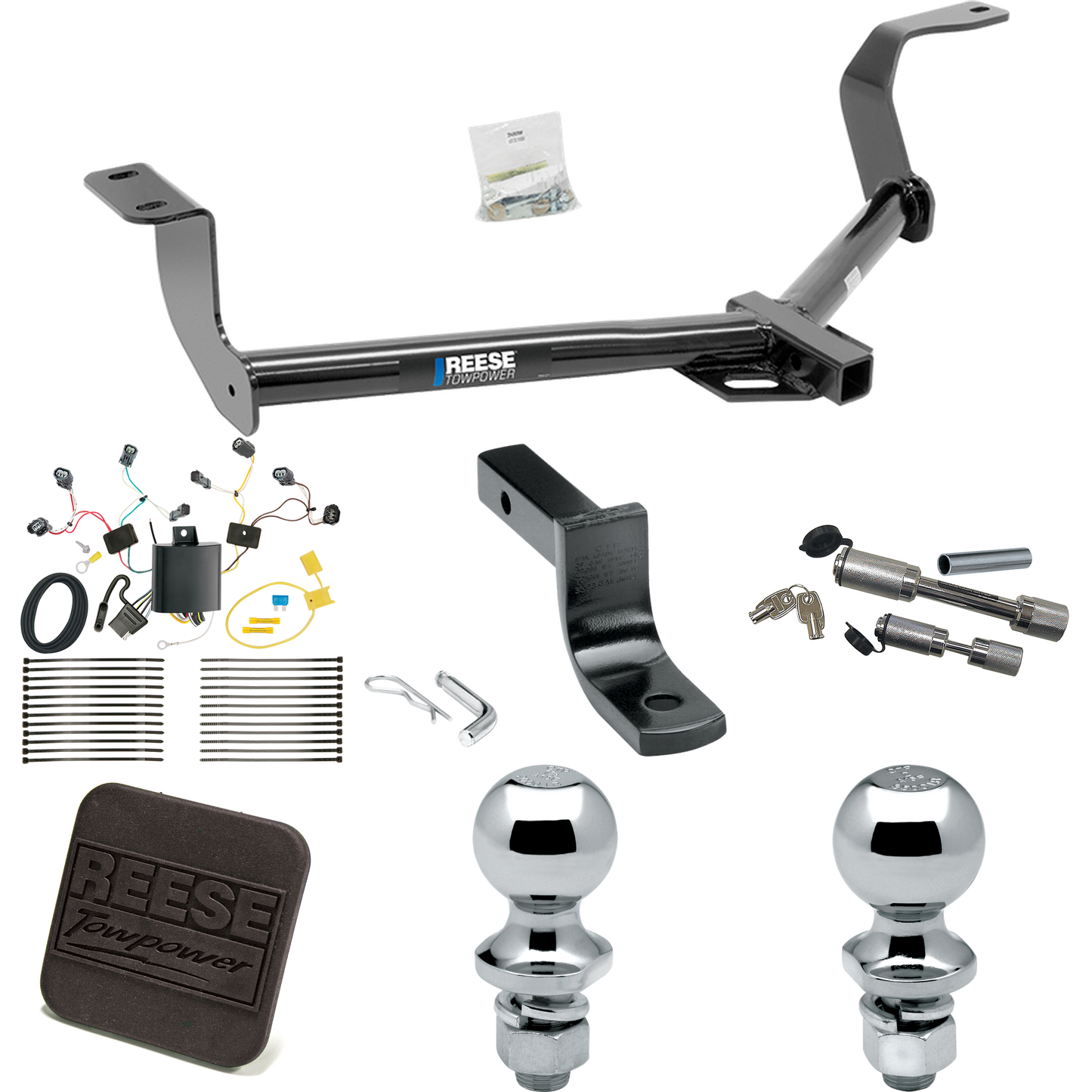 Se adapta al paquete de enganche de remolque Honda Fit 2015-2020 con arnés de cableado de 4 planos + barra de tracción + bola de 1-7/8" + bola de 2" + cubierta de enganche + enganche doble y cerraduras de acoplador de Reese Towpower