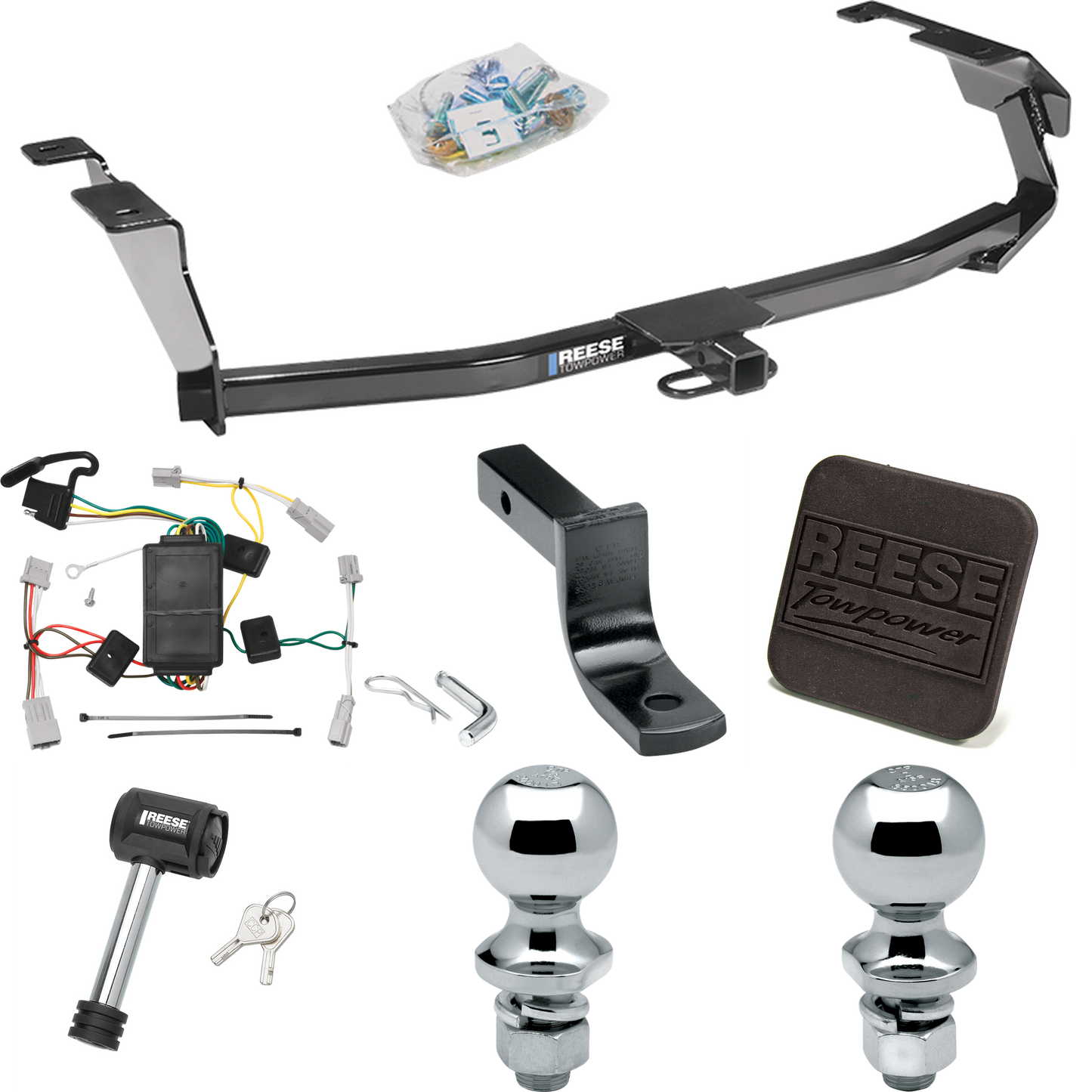 Se adapta al paquete de enganche de remolque Honda Fit 2009-2013 con arnés de cableado plano de 4 + barra de tracción + bola de 1-7/8" + bola de 2" + cubierta de enganche + bloqueo de enganche de Reese Towpower