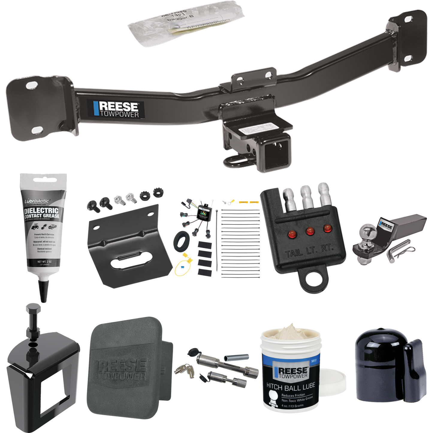 Fits 2004-2010 BMW X3 Trailer Hitch Tow PKG w/ 4-Flat Zero Contact "No Splice" Wiring + Starter Kit Ball Mount w/ 2" Drop & 2" Ball + 1-7/8" Ball + Wiring Bracket + Dual Hitch & Coupler Locks + Hitch Cover + Wiring Tester + Ball Lube + Electric Greas