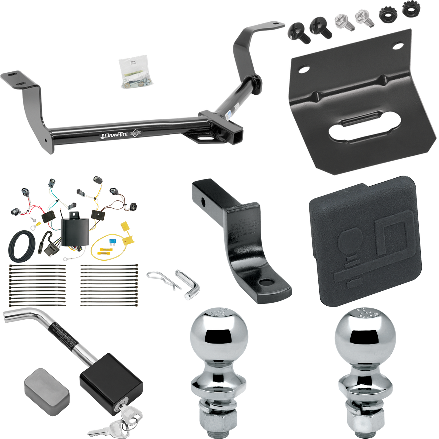 Se adapta al paquete de remolque Honda Fit 2015-2020 con arnés de cableado de 4 planos + barra de tracción + bola de 1-7/8" + bola de 2" + soporte de cableado + cubierta de enganche + bloqueo de enganche de Draw-Tite